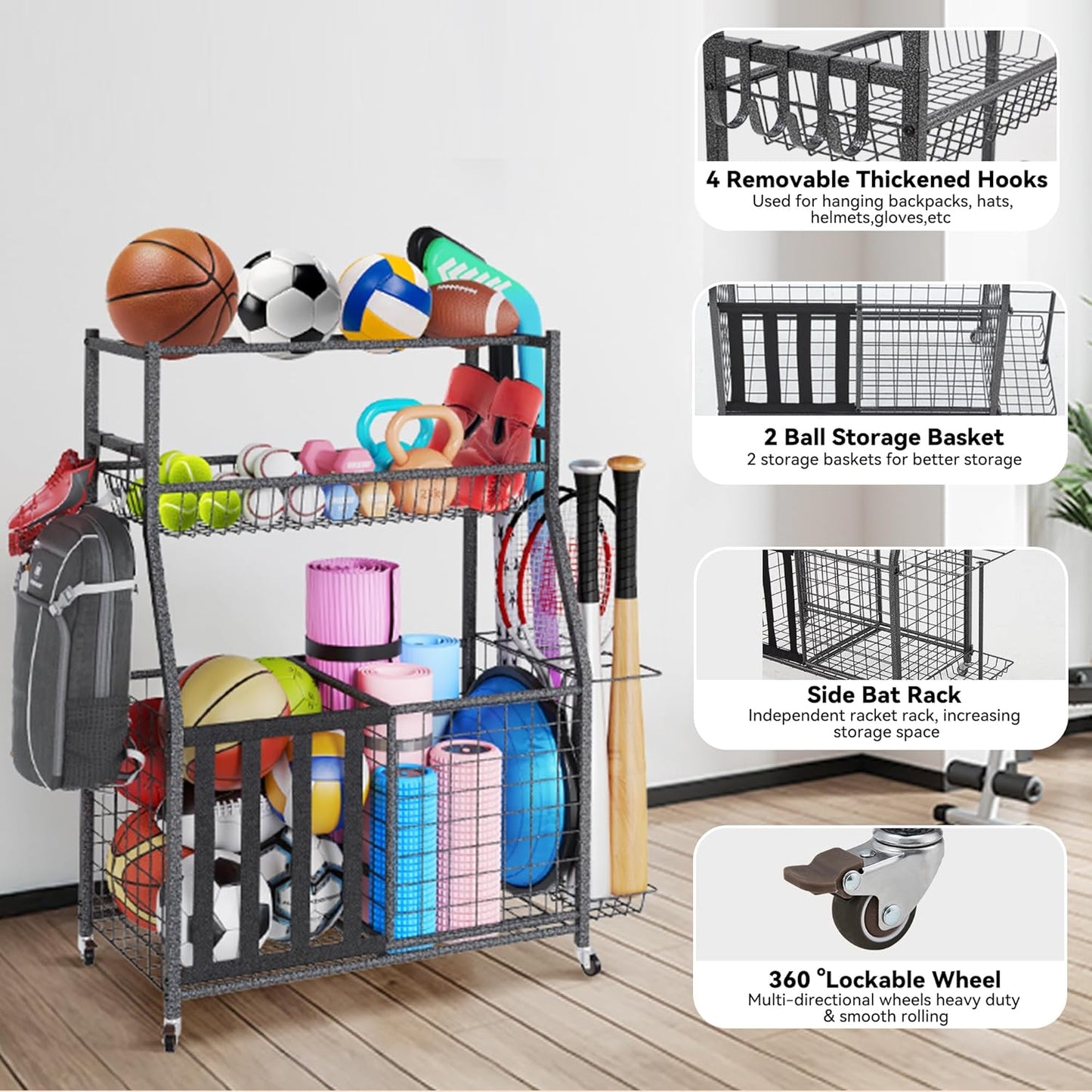 HOMREST Sports Equipment Storage, Ball Storage, Ball Holder, Garage Sports Organizer with Basket and Hooks, Rolling Sports Ball Storage with Wheels for Toy Sports Gear Storage, Black