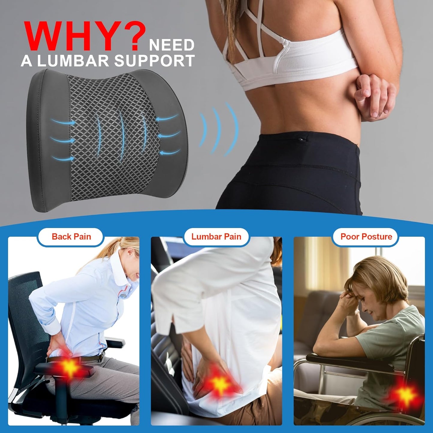 Memory Foam Lumbar Cushion Provides Lower Back Pain Relief and Comfortable Support for Driving, Chair Support for Car-Office Chair, Wheelchair - Sleek Black