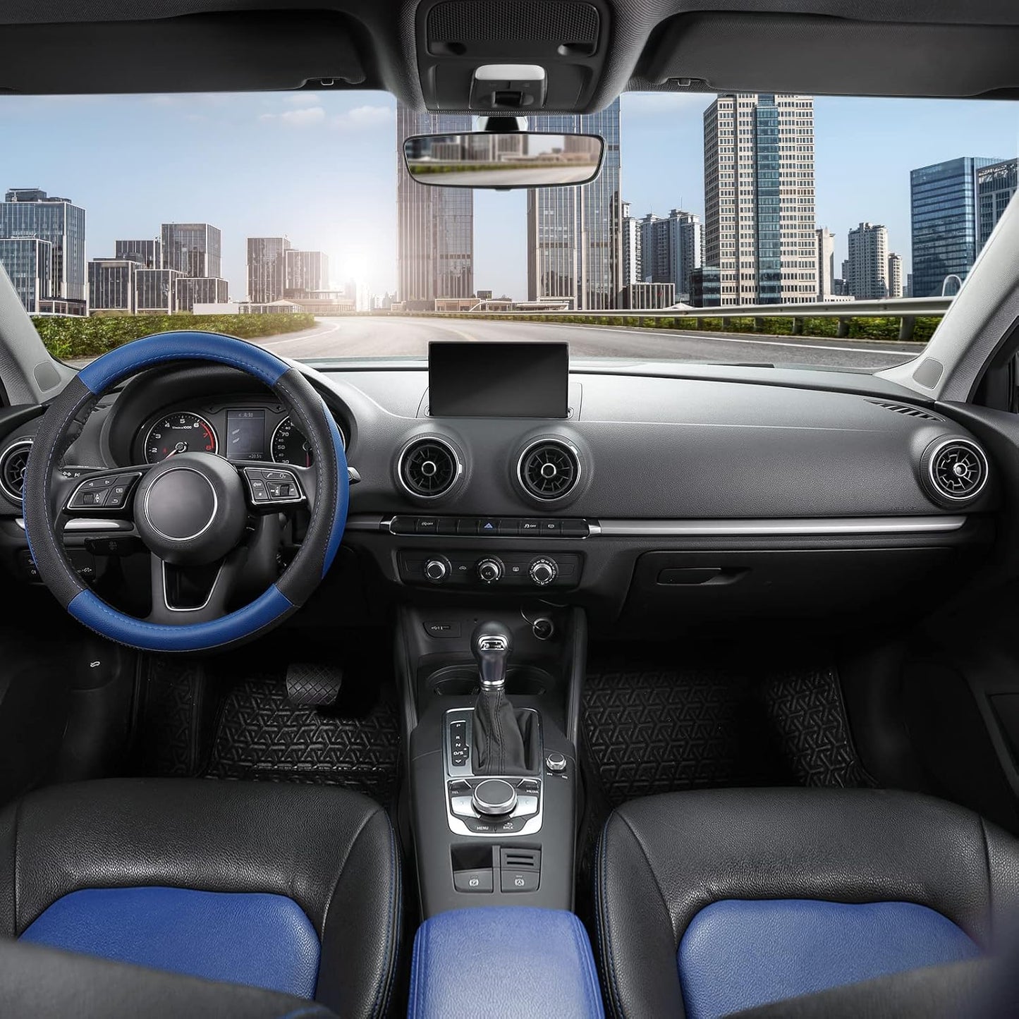 SEG Direct Car Steering Wheel Cover for Prius Civic Model 3 Model Y Camaro, Small Size 14-14.25 inch, Black and Blue Microfiber Leather