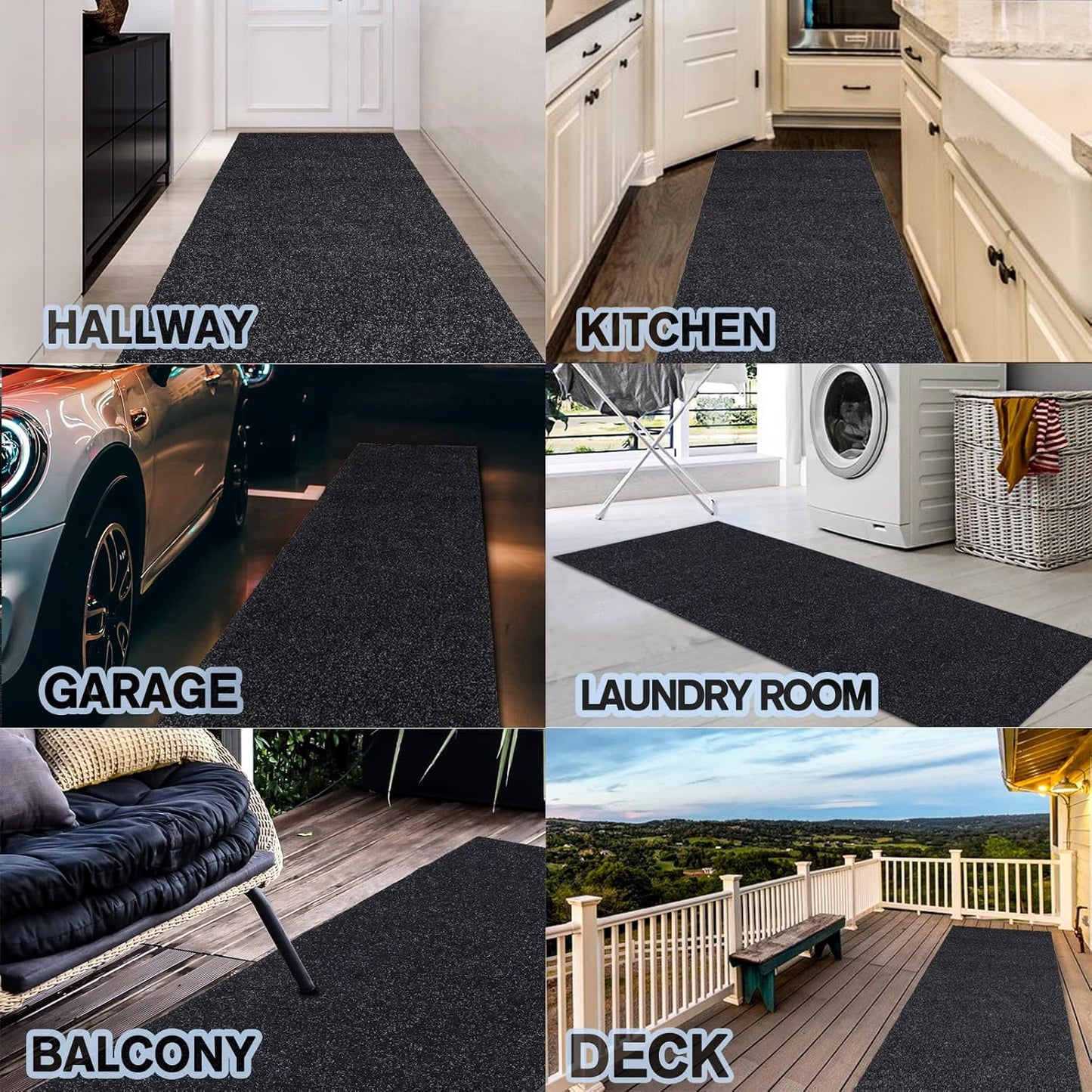 Custom Size Backed Non-Slip Area Rugs Runner, Easy Clean, Waterproof Runner Rugs for Hallway Entryway, Kitchen, Laundry, 2FT x 56FT, Black