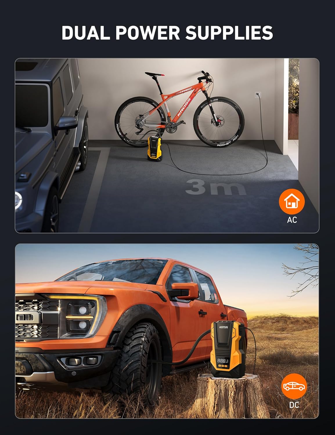 AstroAI AC/DC Tire Inflator Portable Air Compressor for Car, Air Pump for Car Tires, Car Accessories 150PSI with LED Light for Cars, Balls, Motorcycles, and Other CZK-3666 Yellow