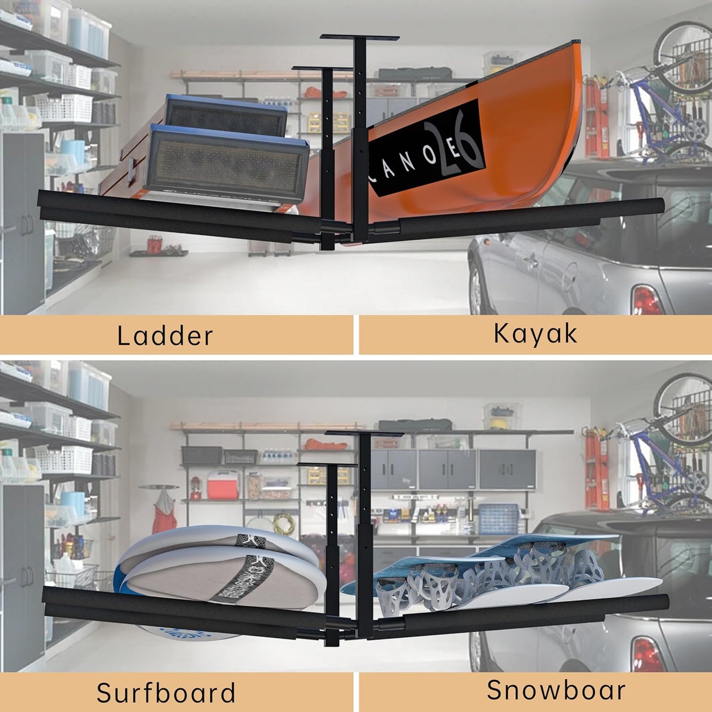 Double Kayak/Ladder Ceiling Storage Rack, Hi Port 2 Ladder Hanger Overhead Garage Kayak Ladder Rack, Holds 200 lbs, Adjustable Height Design, Black