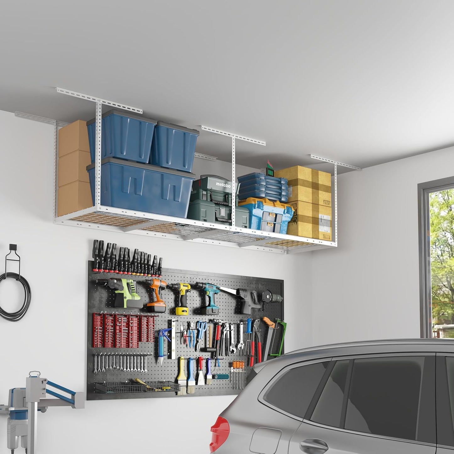 FLEXIMOUNTS 2x8 Overhead Garage Storage Rack,Adjustable Storage Organization System,Heavy Duty Metal Garage Ceiling Storage Racks,400lbs Weight Capacity,White