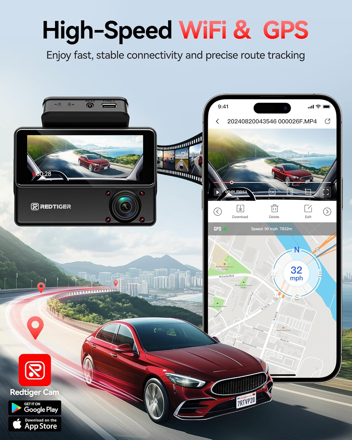 REDTIGER 530° Dash Cam 3 Channel, 2.5K+2.5K+1080P Triple Car Camera with 128GB Card, IR Night Vision, Touch Screen, Dashcam for Front Inside Rear Included WiFi GPS, 24H Parking Mode