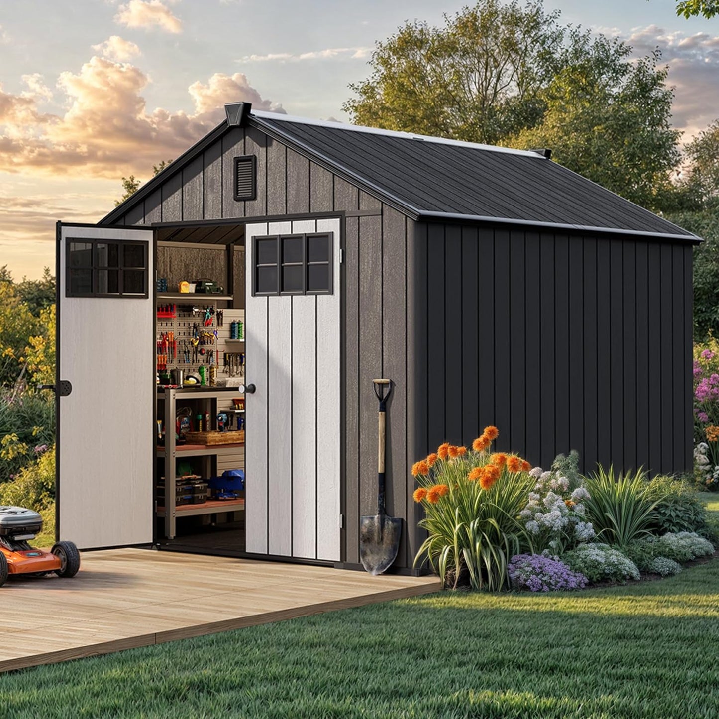 YITAHOME Outdoor Storage Shed 8x10 Ft, Plastic Storage Sheds with Floor, Lockable Doors, Windows, and Vents for Patio, Lawn, Backyard, Large Garden Storage for Bikes, Mowers, and Garden Tools, Black