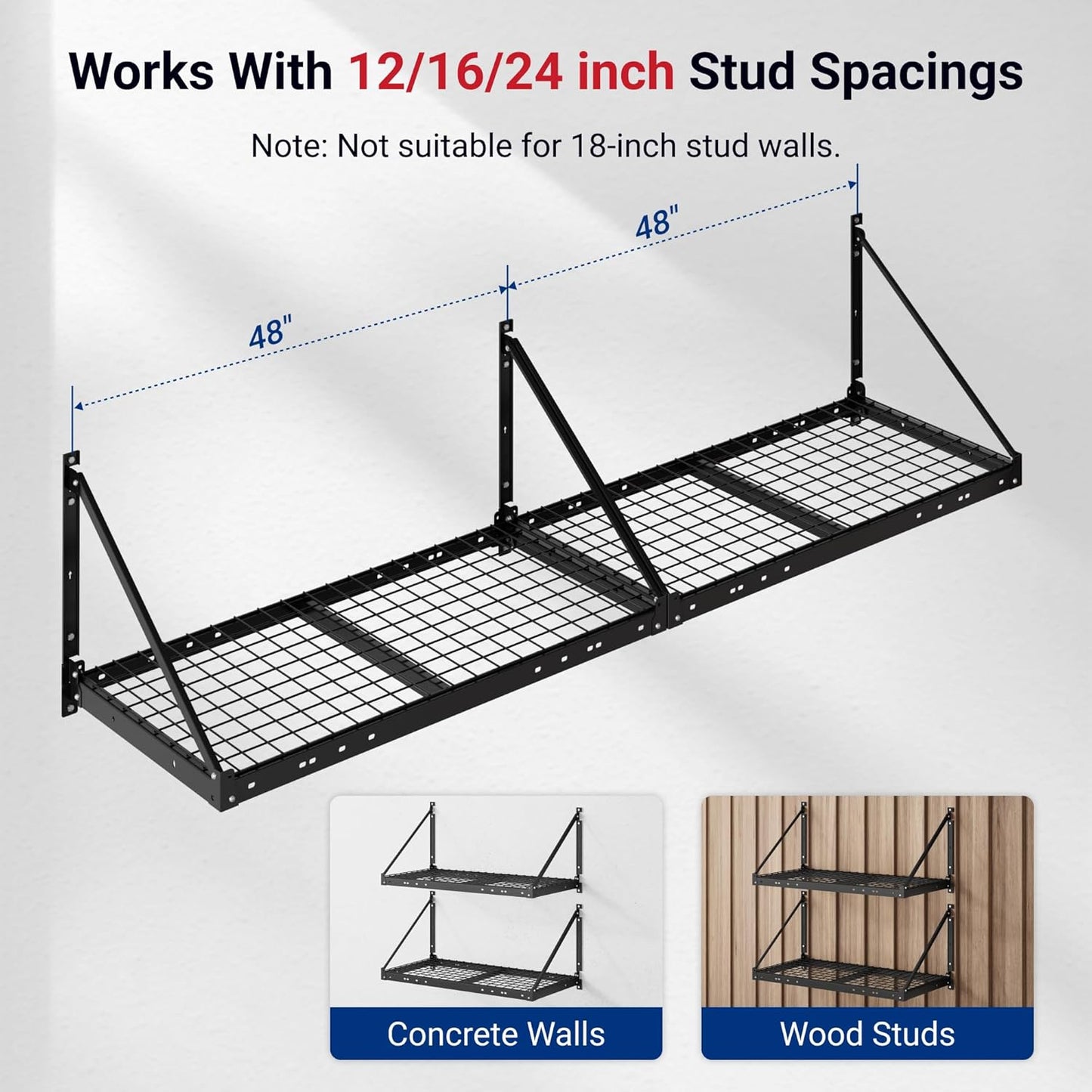 FLEXIMOUNTS 2-Pack 2x4ft Garage Wall Shelving - Heavy Duty Garage Storage Rack, 440 lbs Load Capacity with Brace Guardrail, Organization System for Tools, Heavy Bins, Sports Equipment, Utility Room