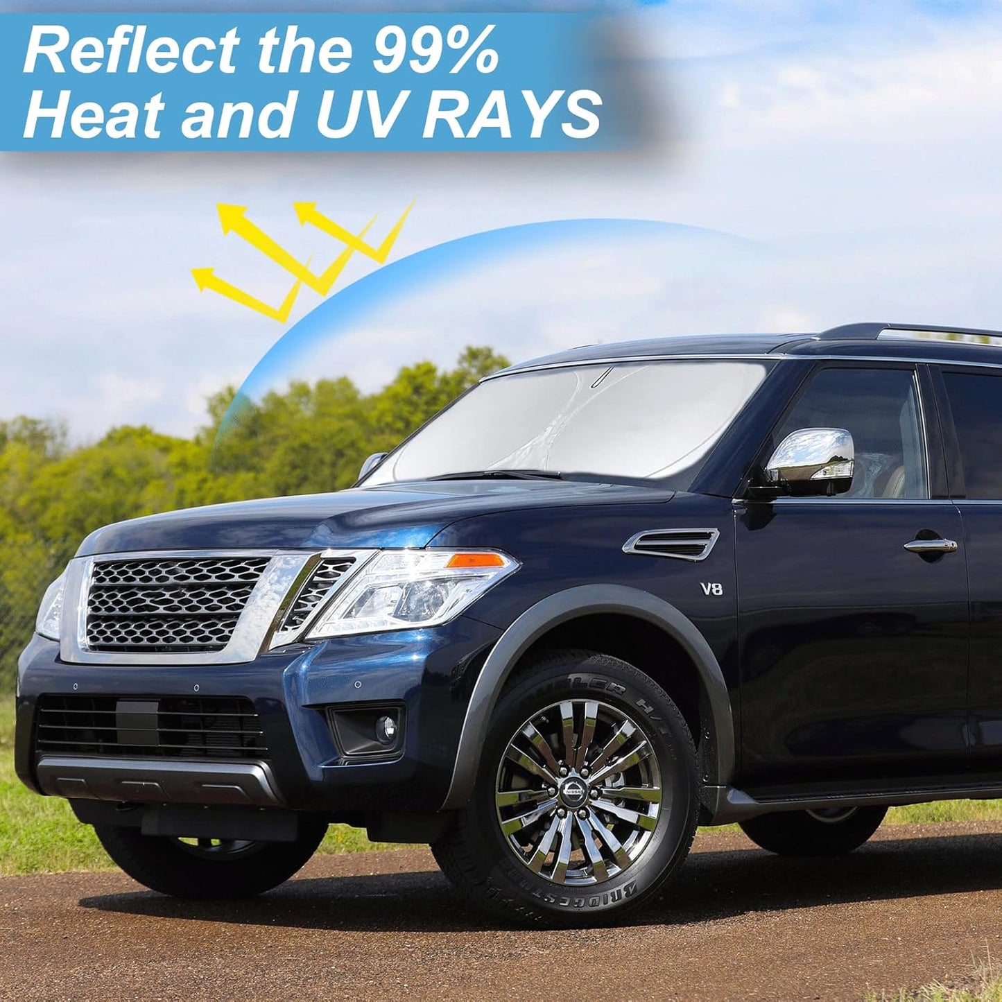 Custom Fit Armada Windshield Sunshade for 2017-2024 2025 Nissan Armada Accessories Front Window Car Shades Shield Cover for Windshield 210T Silver Coating Sun Visor Protector Reflector Blocks UV