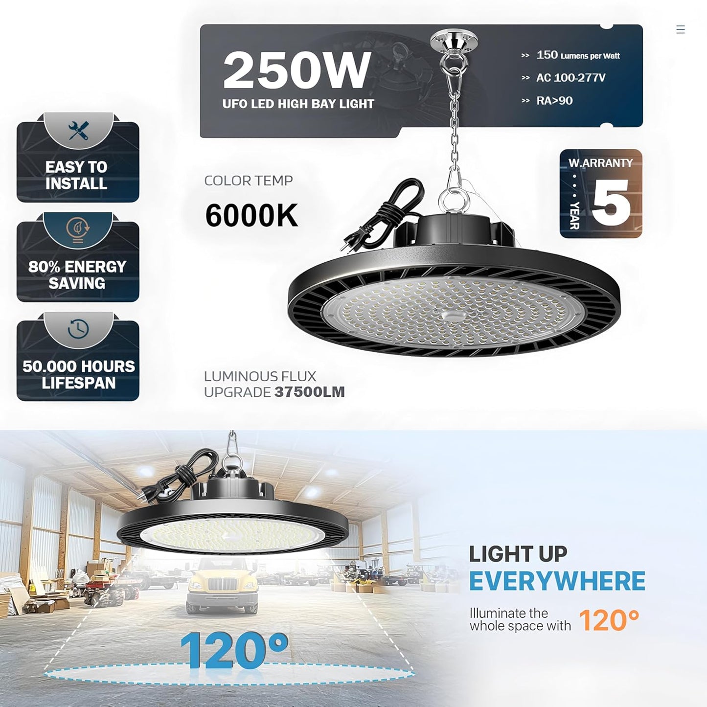 6Pack 250W UFO LED High Bay Light,30000lm 6000K Daylight 2500W Equivalent with US Plug Cable LED Garage Lights Commercial Warehouse Area Light Workshop Garage Factory Lowbay Area Lighting