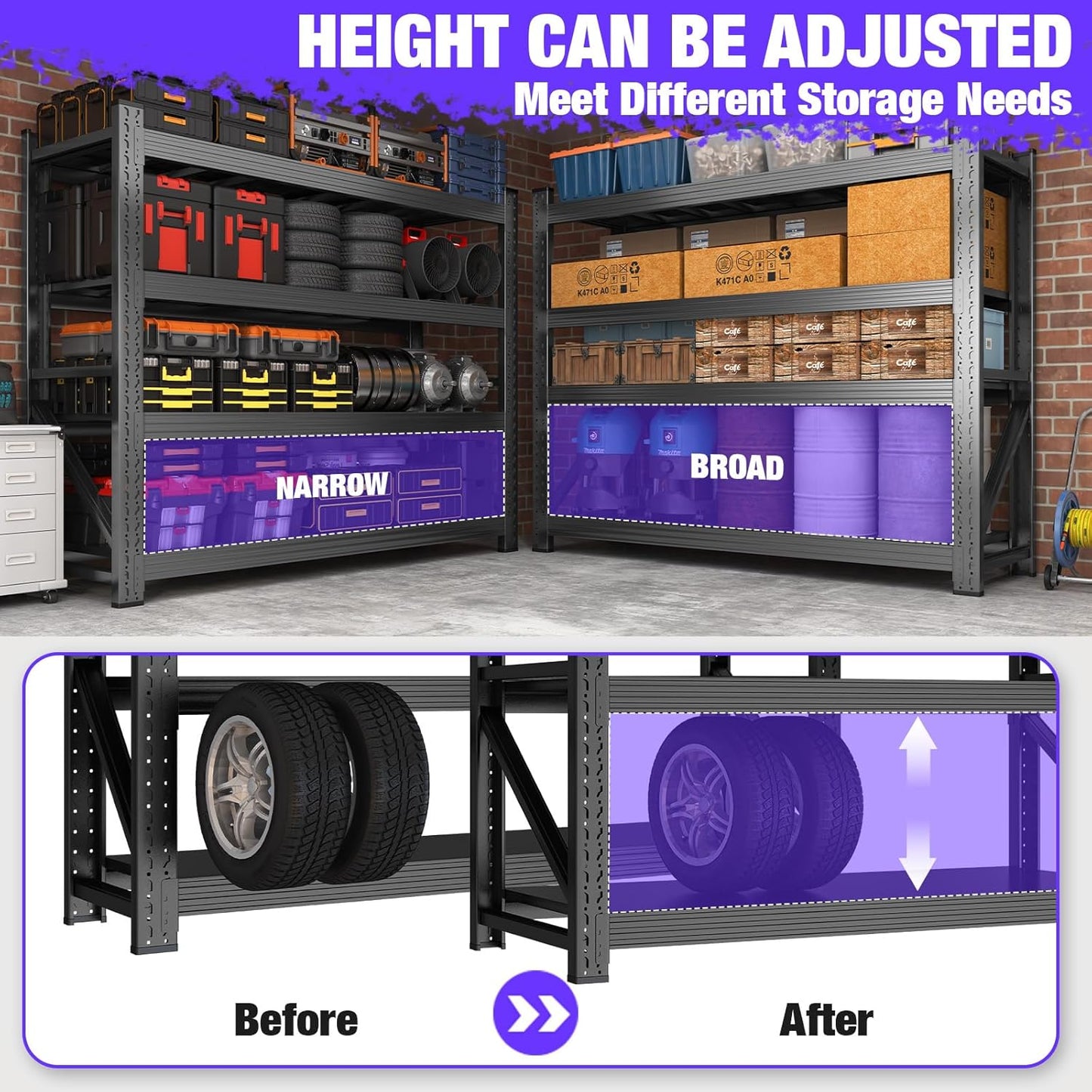 Metal Garage Shelving Heavy Duty, 4-Tier Adjustable Wire Storage Garage Shelves, 6000 LBS Loads Industrial Shelving Units for Garages, Warehouses, Kitchen, Black, 59" W x 24" D x 59" H, 2 Pack