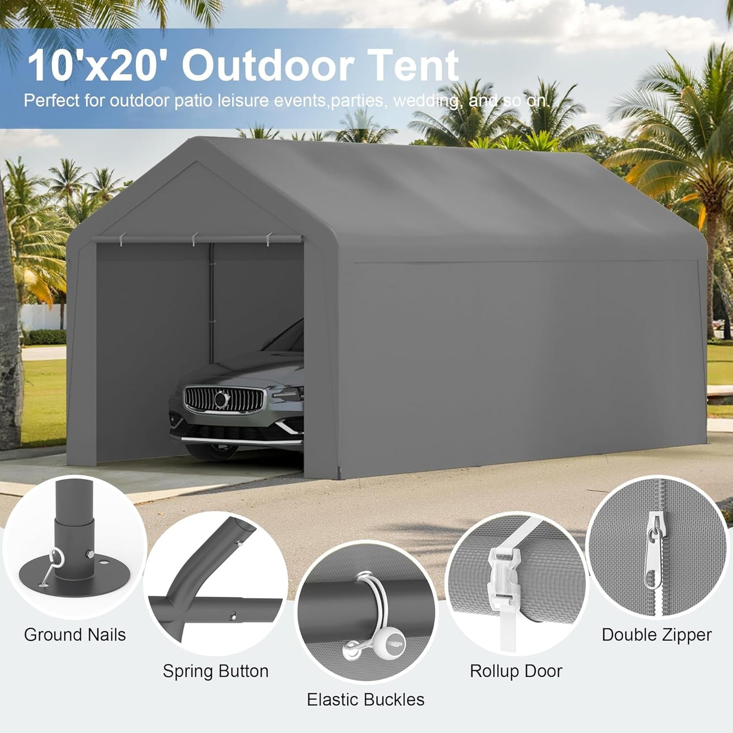 Carport 10x20 Heavy Duty Portable Garage w/Removable Sidewalls & Roll-Up Door Car Canopy Party Tents Waterproof UV Resistant All Weather Car Port for Trucks,Boats(Grey)
