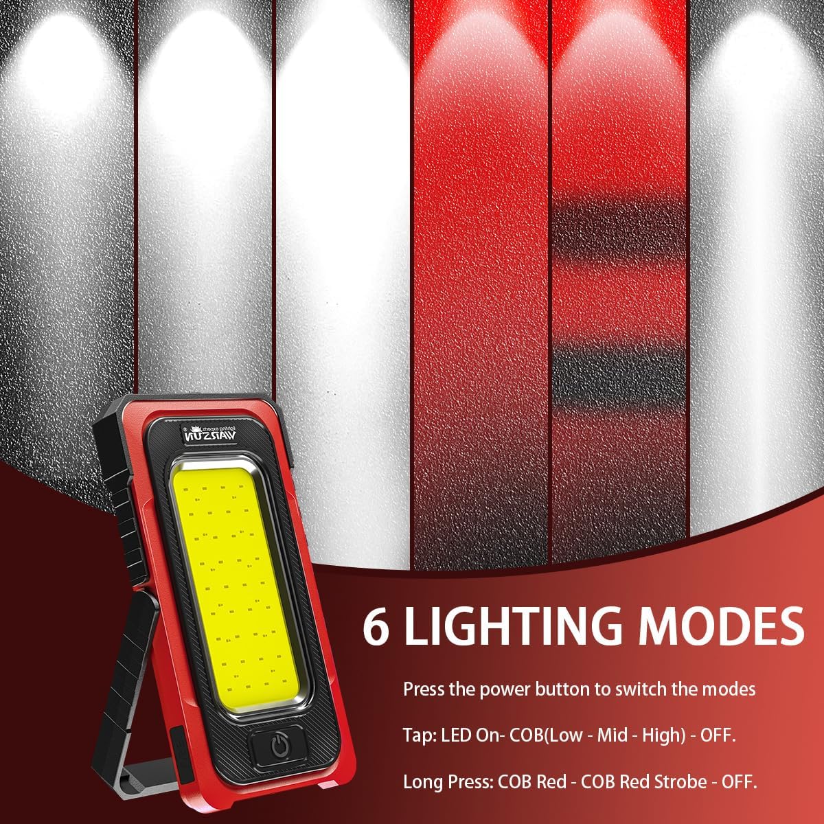 WARSUN Rechargeable Portable Magnetic Work Light, LED Flood Light Waterproof for Outdoor Camping Hiking Emergency Car Repairing (USB + Solar Charging, Red)