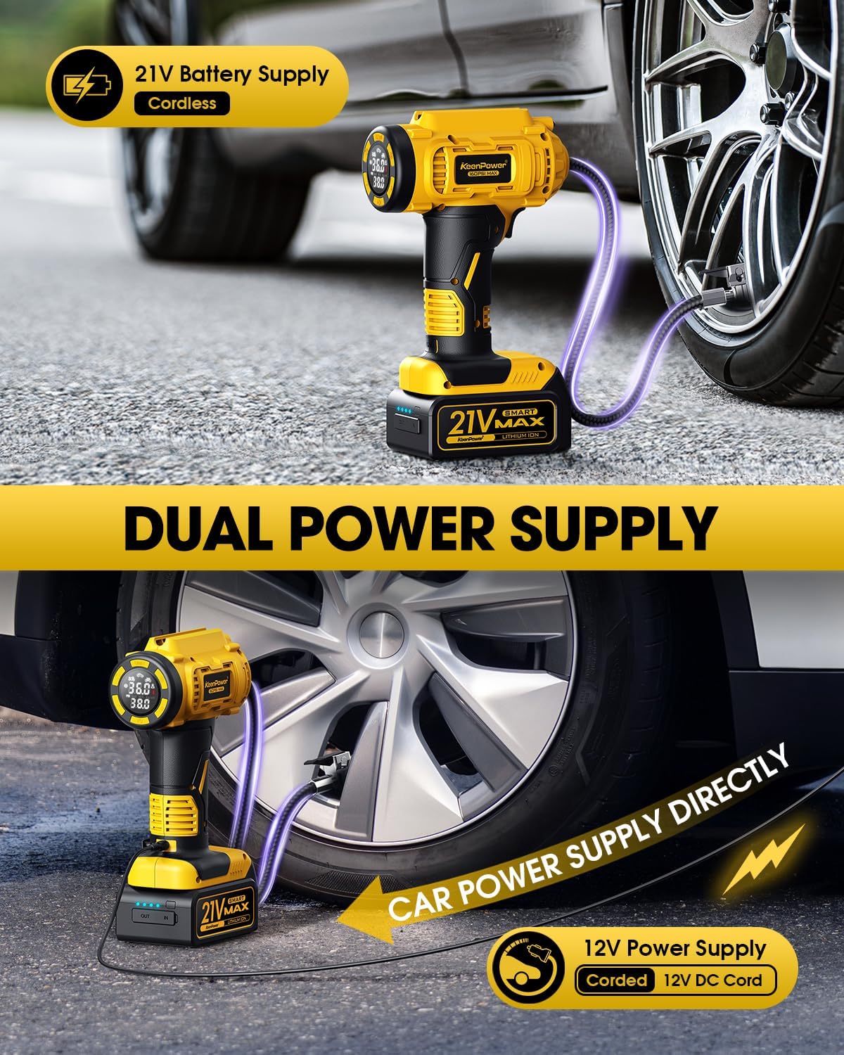 Cordless Tire Inflator Portable Air Compressor, 160PSI Car Tire Air Pump, 21V Rechargeable Battery Powered Air Compressor, Dual Power, Larger HD Digital Gauge w/4+N Smart Modes (Yellow)