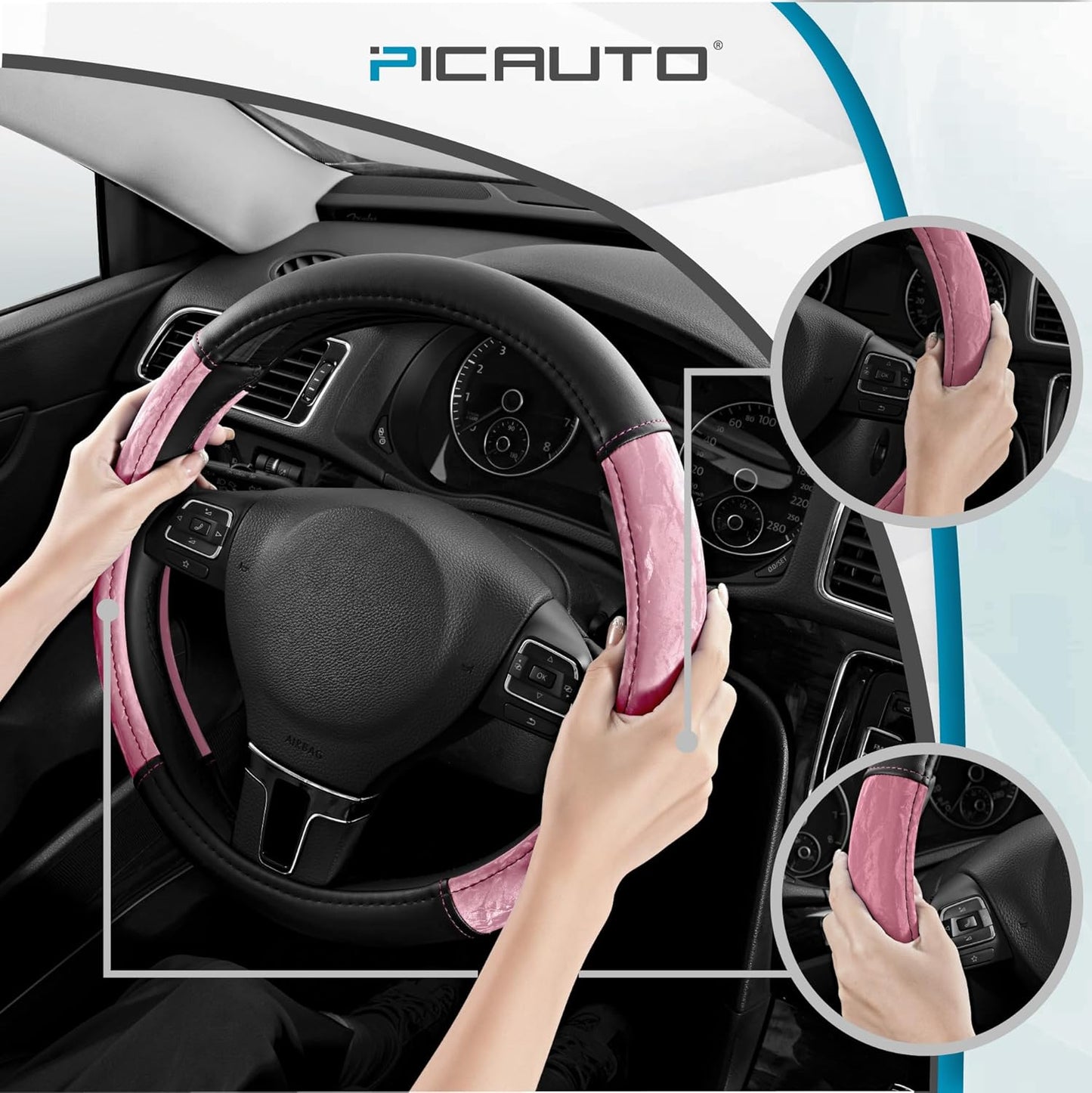 PIC AUTO Steering Wheel Cover, Silk Grain Leather Car Steering Wheel Protector, Comfortable Grip, Universal 14.5-15.5 Inch Anti-Slip Steering Wheels Accessories for Men & Women (Pink)