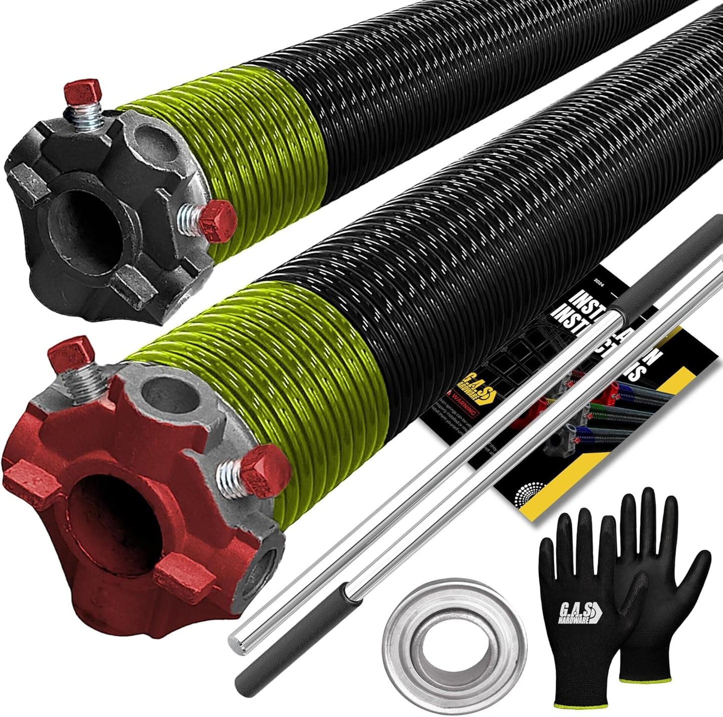 Garage Door Torsion Spring 207x1.75x23 Includes 1” Steel Bearing, Non-Slip Gloves, and Winding Bars for Left and Right Side of Garage Door Precision E-Coating 5-Year Warranty Min. 30,000 Cycles (Pair)
