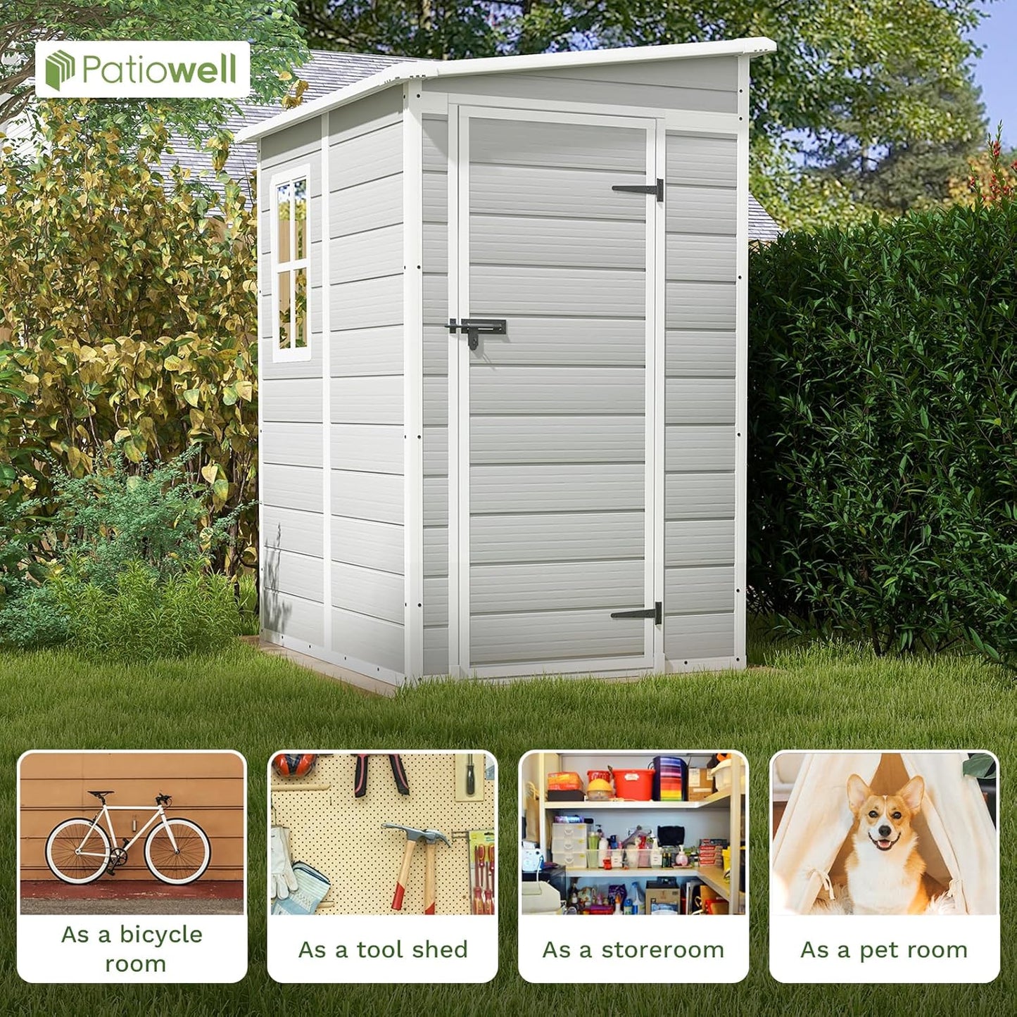 Patiowell 5x4 FT Outdoor Storage Shed, Resin Storage Shed with Floor & Lockable & Window Door for Patio Furniture, Garden Tools and Bicycle, White & Grey