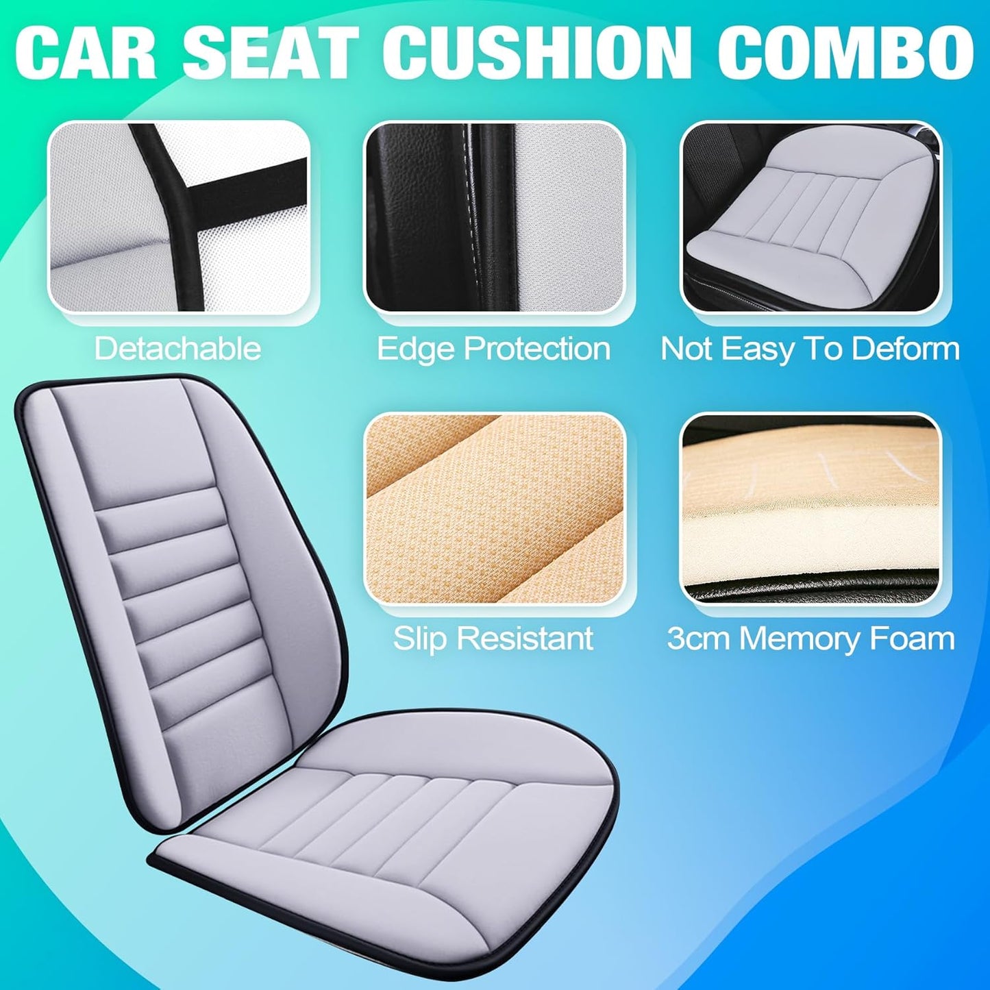 MYFAMIREA Car Seat Cushion and Back Support Pillow 1.2'' Thick Memory Foam Desk Chair Cushion Back Support for Automotive Seat Driver, Travel, Leg and Back Pain Relief, Washable, Adjustable, Gray