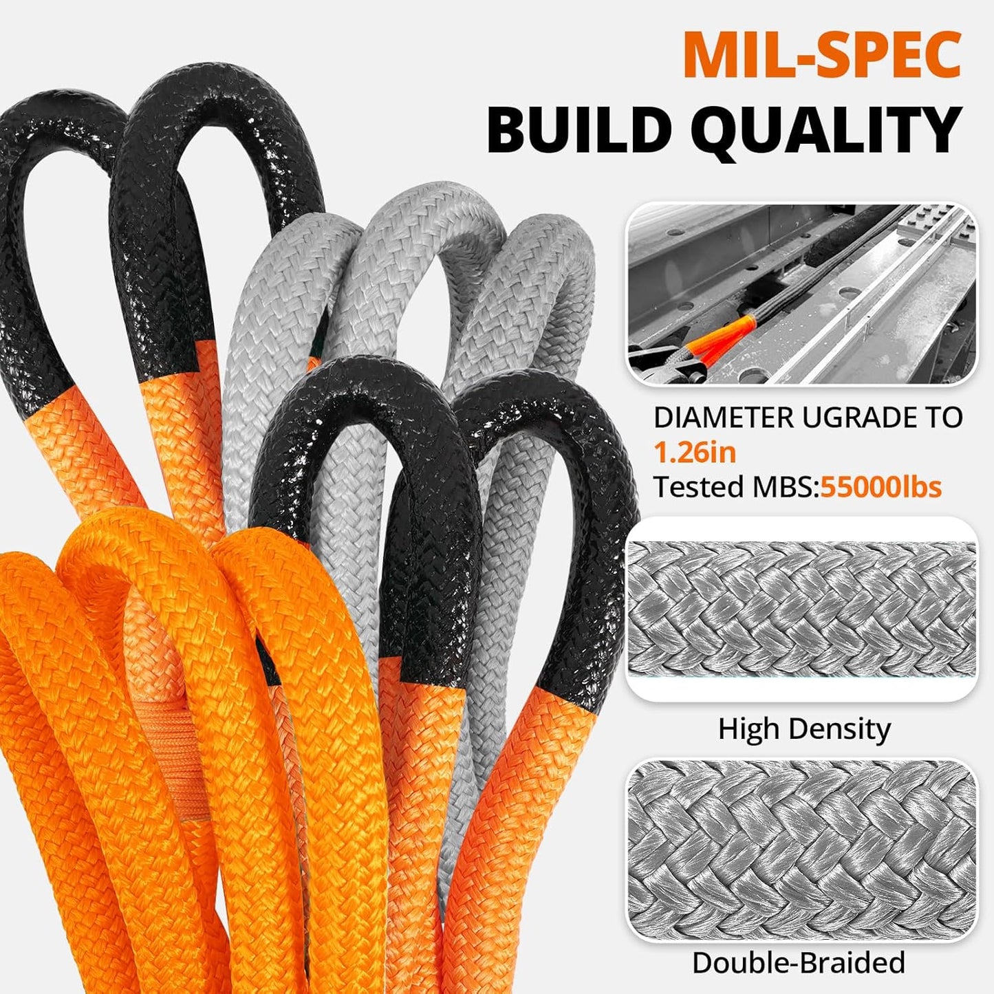 Kinetic Recovery Tow Rope: 1.26" x 30ft 55000LBS Snatch Strap Heavy Duty Offroad Towing Straps Kit for Trucks SUV UTV ATV Tractor Car Jeep - Orange