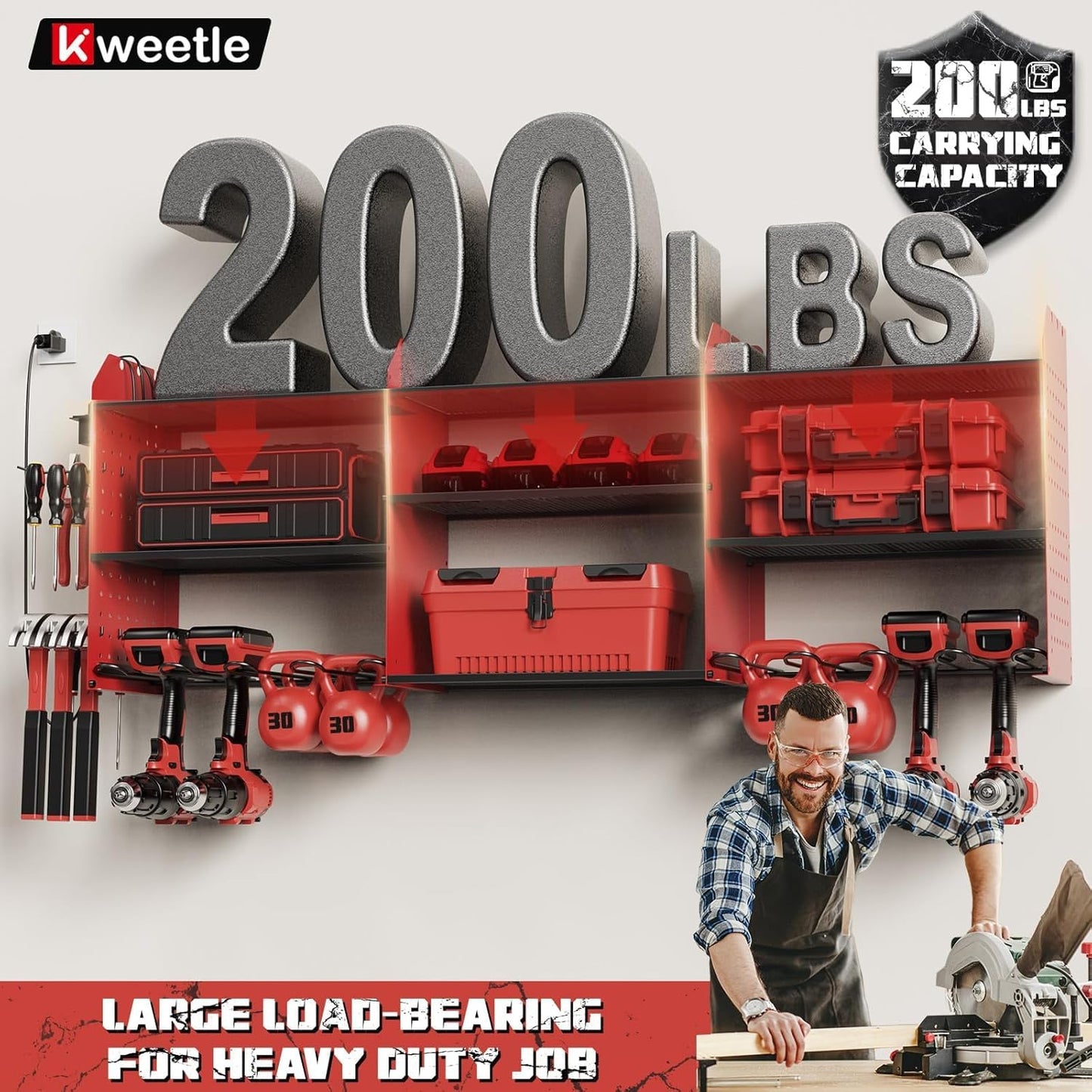 45" Power Tool Organizer Wall Mount with Charging Station - 3 Layer Storage Racks with 8 Cordless Drill Holder, 4 Hooks, Heavy Duty Garage Tool Organizer Storage for Workshop Shed Pegboard Basement