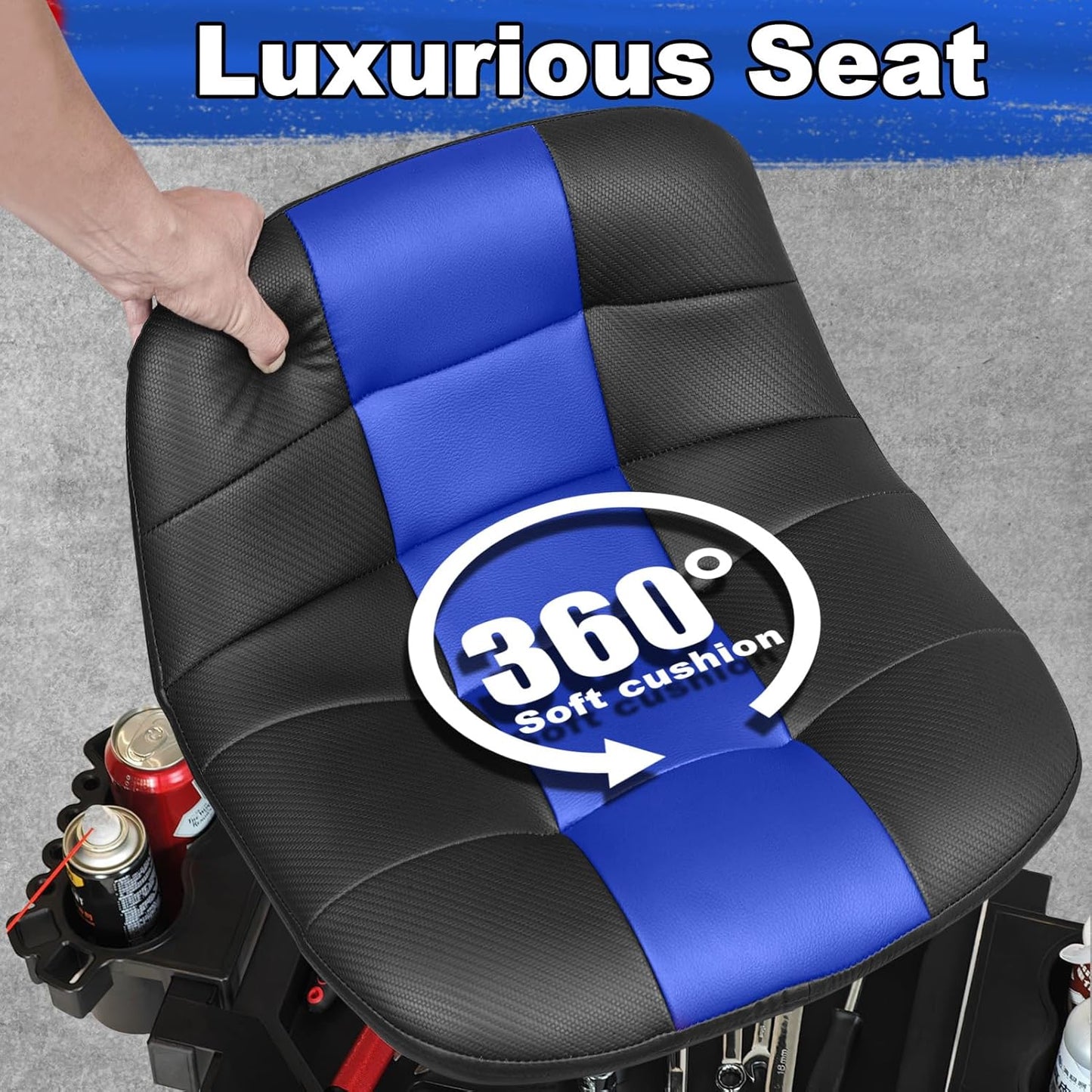 Rolling Stool with Wheels, Adjustable Height Pneumatic Garage Work Mechanic Stool Seat with Backrest, 400 LBS Capacity 360° Swivel Mechanic Crepper Chair with Tool Tray Storage, Blue