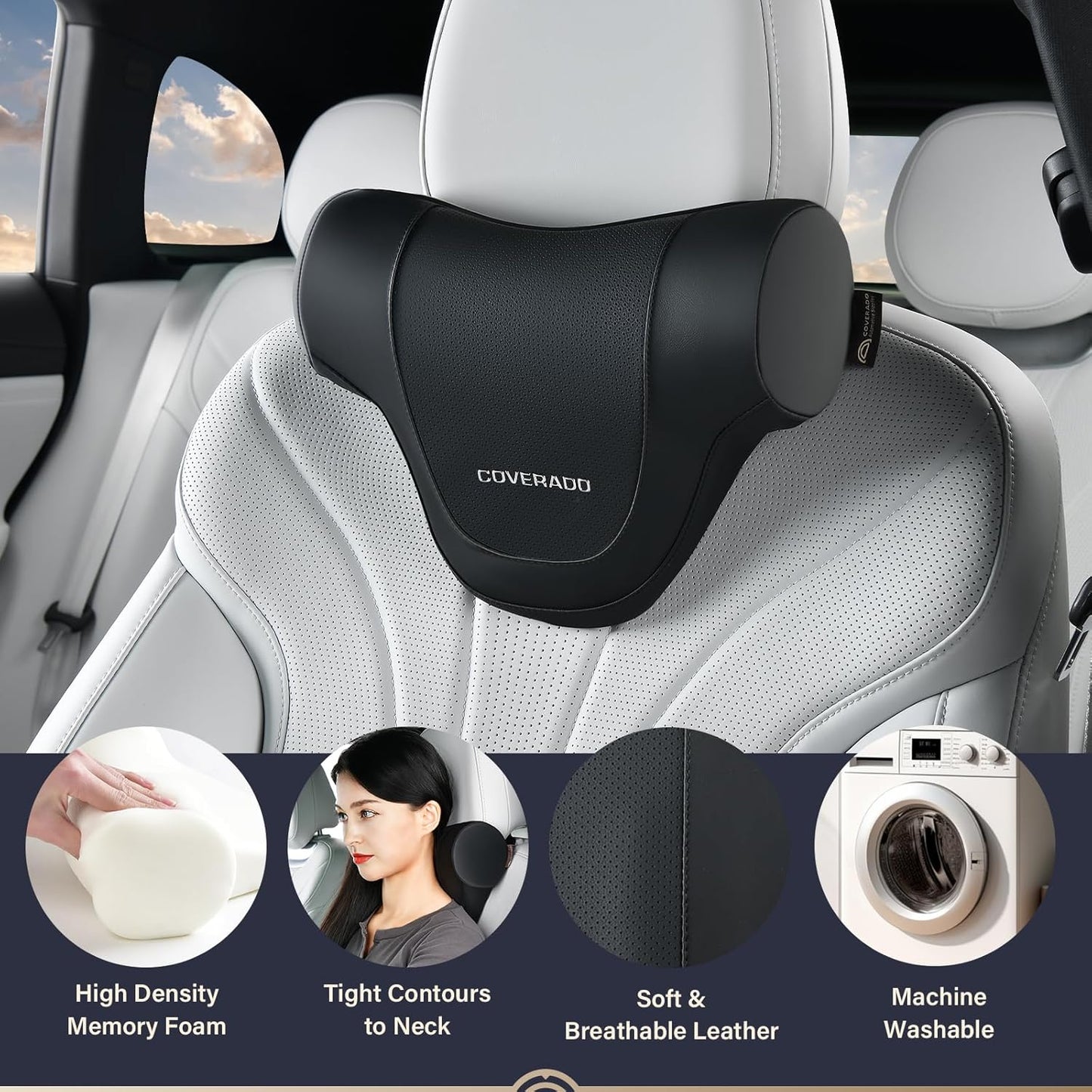 Coverado Car Headrest Pillow, Ergonomic Memory Foam Car Neck Pillow for Driving Seat with Adjustable Strap, Soft PU Leather Breathable Removable Cover Neck Support for Neck Pain Relief