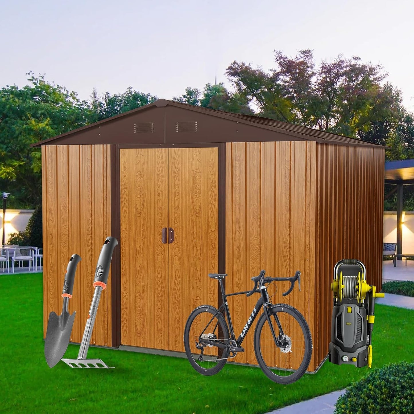 10x8 FT Outdoor Storage Shed, Garden Tool House with Metal Floor Base, Double Sliding Doors, Air Vents, Storage Clearance for Backyard, Patio, Garage, Lawn, Coffee