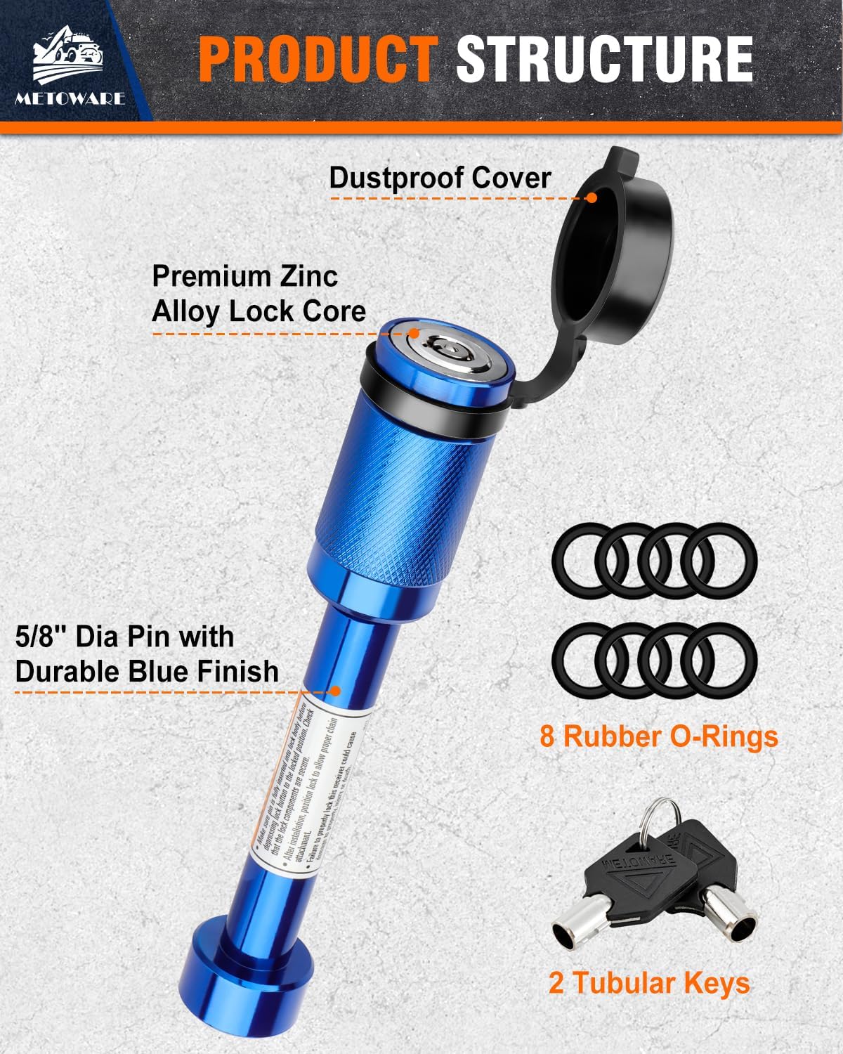 METOWARE Trailer Hitch Lock, Tailer Receiver Lock Fits Class III/IV, 2", 2-1/2" Hitch Receiver with 5/8" Dia Pin and 8 Rattle Rubber O-Rings, for Trailer, Truck, Car, Boat (Blue)