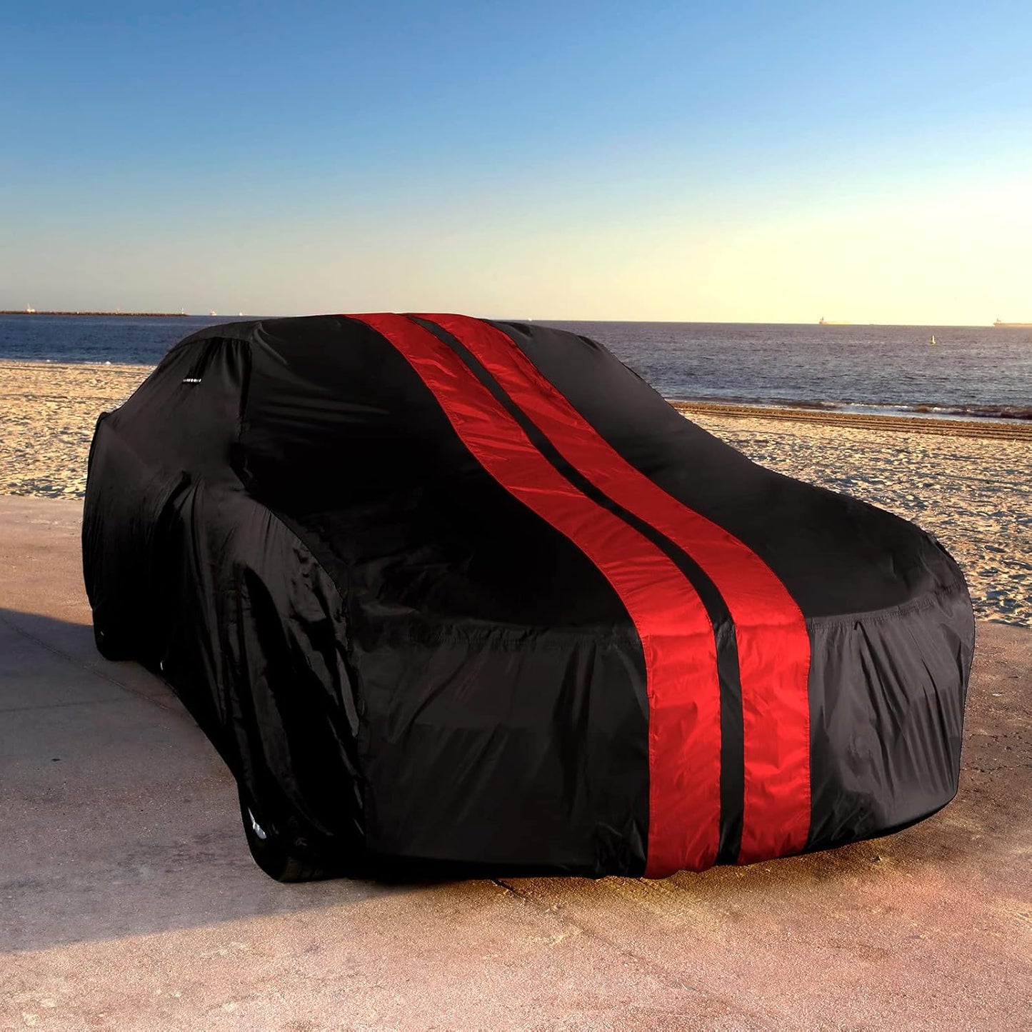 iCarCover Custom Car Cover Compatible with Mustang 1974-1978, Waterproof All Weather Rain Snow UV Sun Protector Full Exterior Indoor Outdoor Car Covers, Stripe (Black/Red)