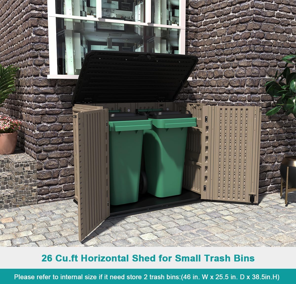 KINYING Outdoor Storage Shed - Horizontal Storage Cabinet Waterproof for Garden, Patio, Backyard, Storage Box for Easy Storage of Garbage Cans, Tools, Lawn Mower, 26 Cubic Feet,Dark Brown