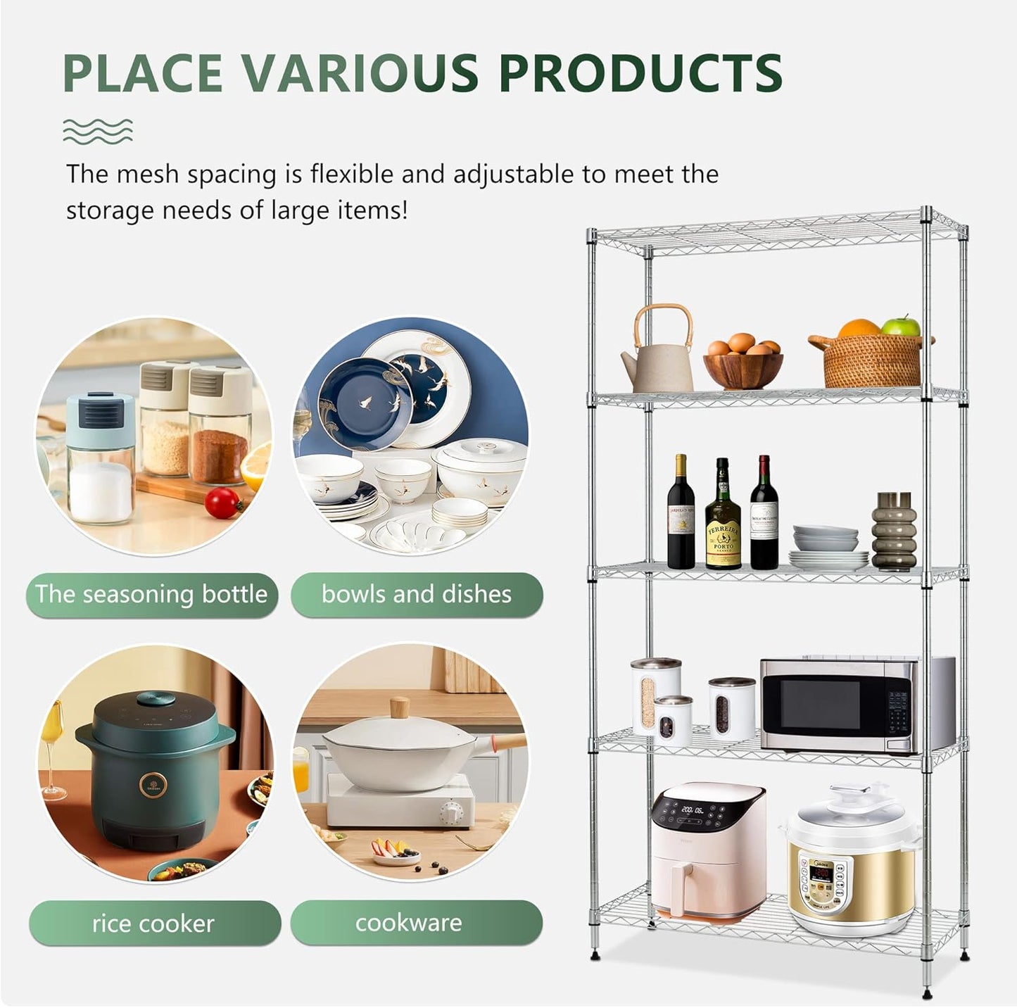 BestOffice 14Dx30Wx60H 5-Tier Wire Shelving Unit Steel Large Metal Shelf Organizer Garage Storage Heavy Duty NSF Height Adjustable Commercial Utility Storage Metal Rack on Wheels,Chrome