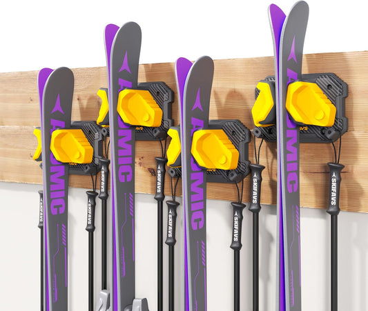 Ski & Snowboard Wall Rack for Garage Wall Fits Any Ski/board, Ski Wall Mount Holders Damage-Free Storage Rack, Garage Organization Space-Saving Winter Gear Organizer, Yellow, 4 Pack