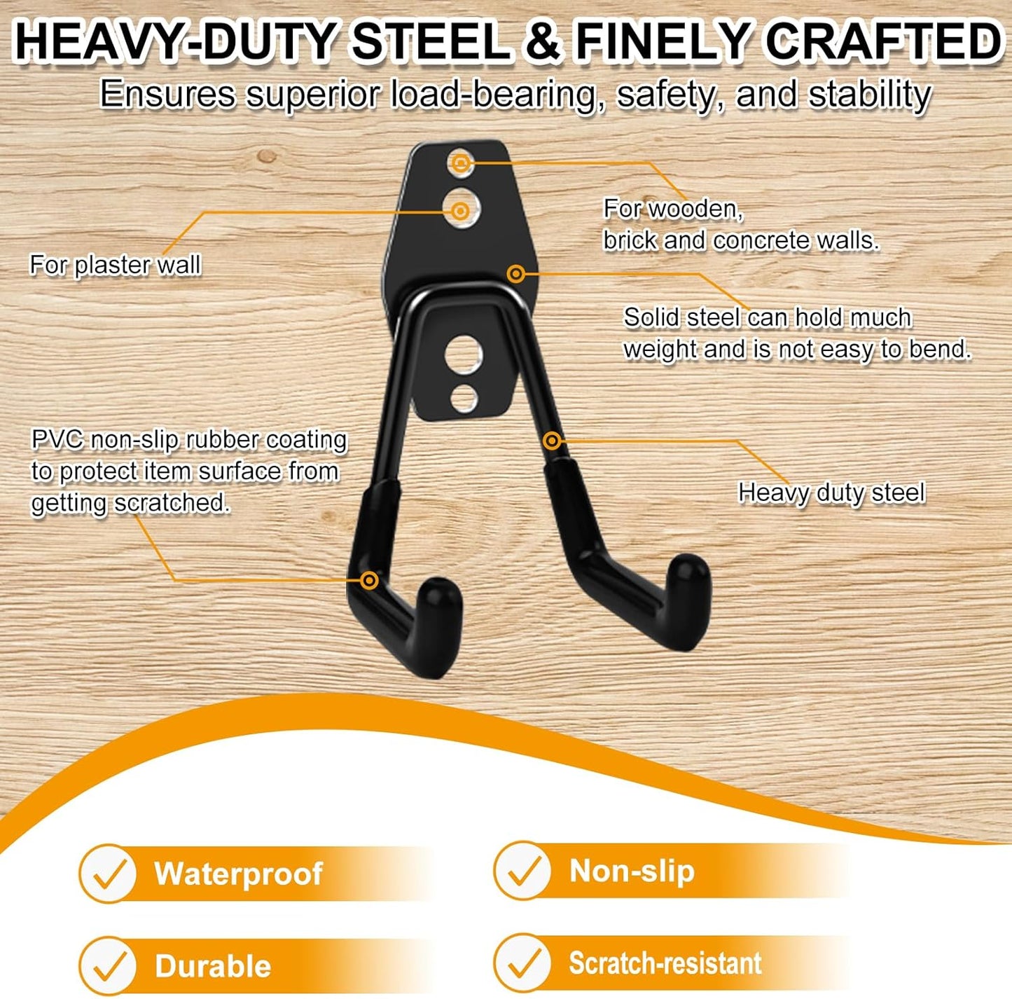 REMIAWY Garage Hooks Heavy Duty, Steel Utility Garage Storage Hook 6 Pack, Wall Mount Double Tool Hangers with Anti-Slip Coating for Hanging and Organizing Ladder Bike, Garden Tools, Bulk Items