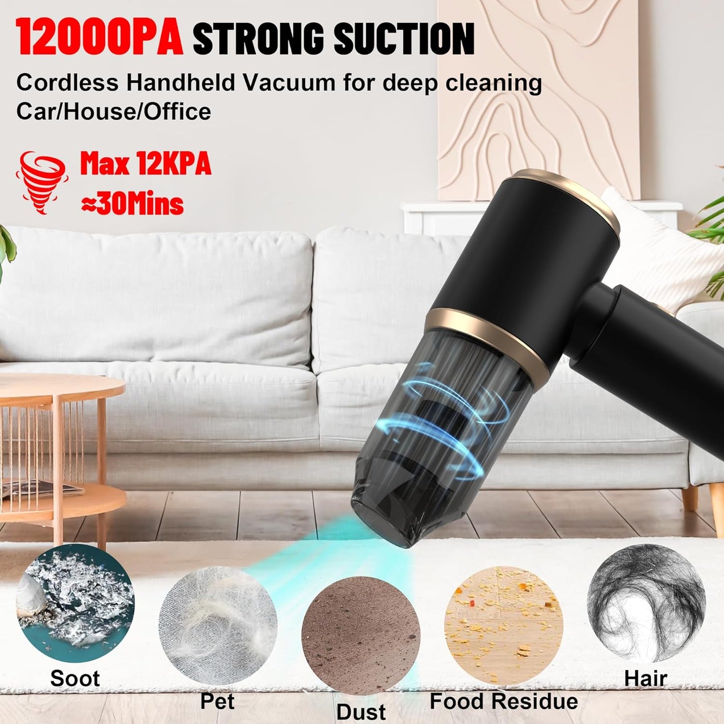 Handheld Car Vacuum Portable Cordless, 12000PA High Power 4 in 1 Vacuum Cleaner & Air Duster & Air Blower with 4000mAh Brushless Motor and Multi-Nozzles for Car, Home, Office, Camping, Pet