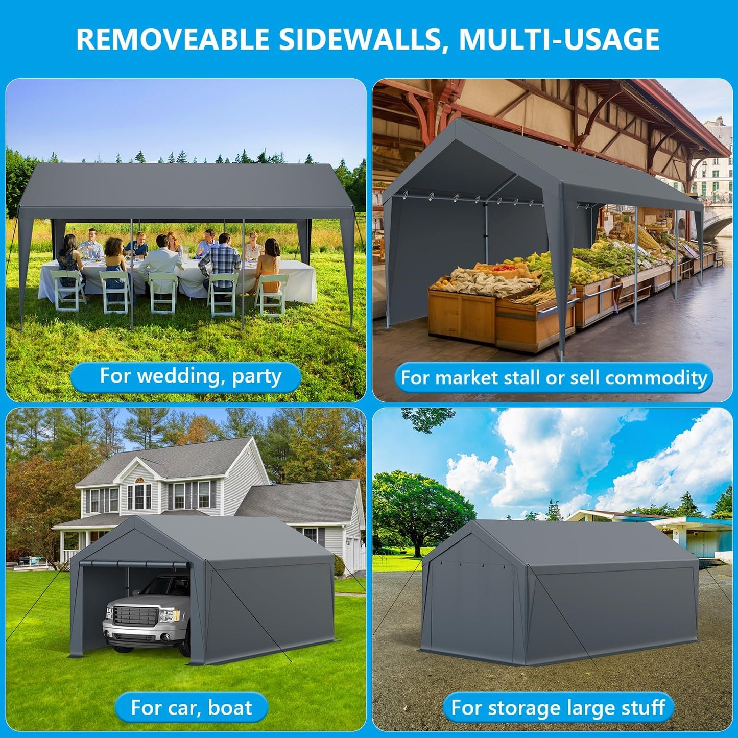 10x20FT Heavy Duty Portable Carport - All-Weather Enclosed Shelter for Cars, Trucks, SUVs & Boats, Waterproof & UV-Resistant Canopy with Removable Sidewalls, Doors, Ground Stakes (Gray)