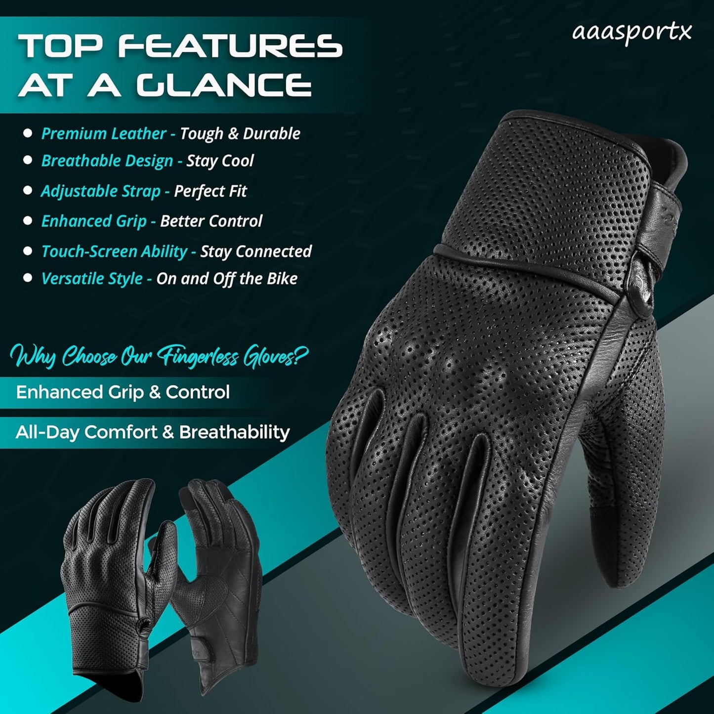 aasportx Motorcycle Gloves - Men's Leather Motorbike Gloves with Touchscreen Function - Non-Slip Pads for Men & Women