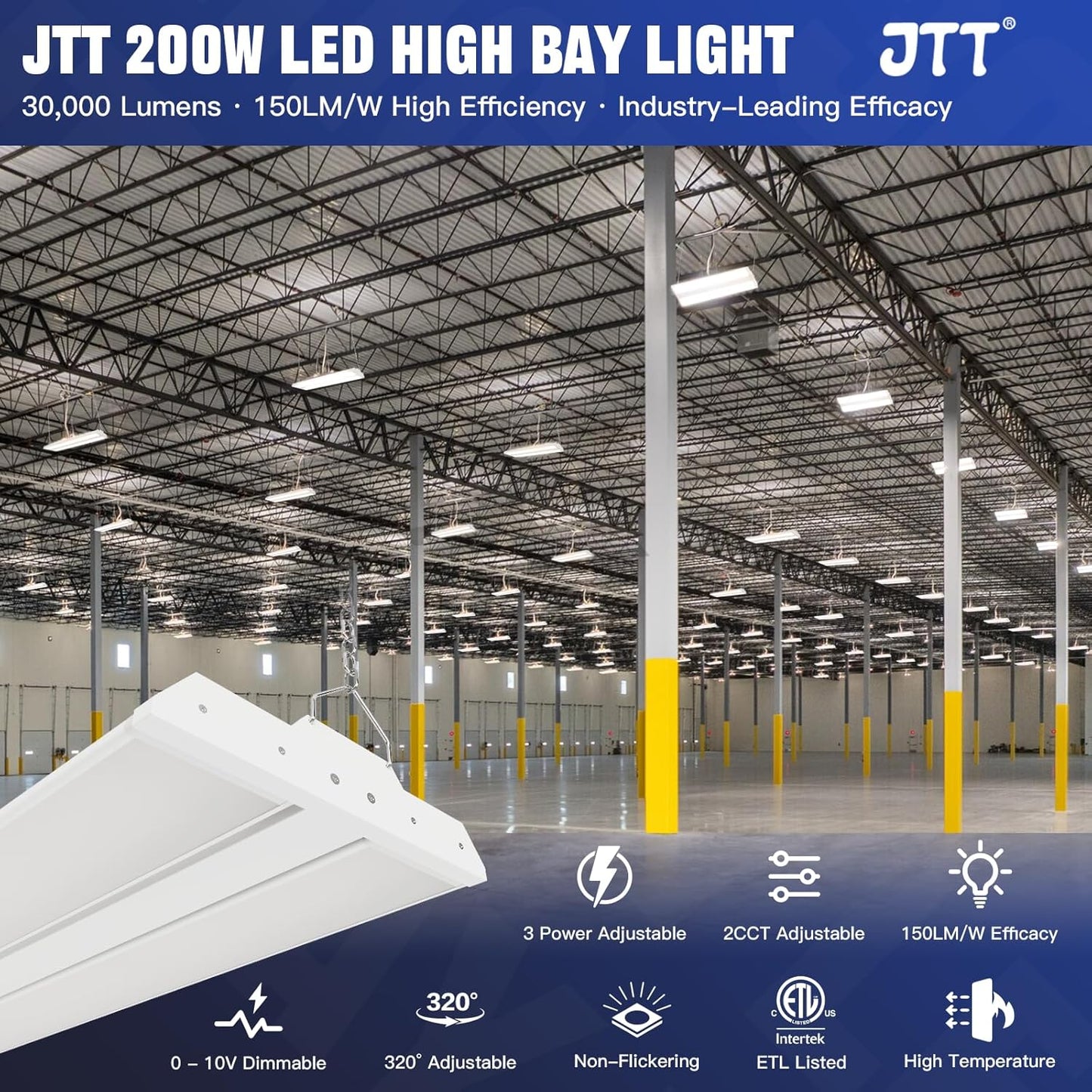 JTT LED Linear High Bay Light,200/150/100W 30000LM Shop Light Commercial 360° Adjustable 4/5000 CCT Tilt Hanging LED High Bay Shop Lighting Fixtures for Garage Warehouse Workshop Store, ETL 2-Pack
