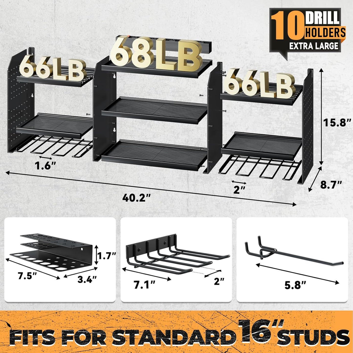 Upgrade Large Power Tool Organizer Wall Mount with Charging Station Tool Storage Rack with 6.5FT Power Strip 10 Drill Holder and Storage Rack for Garage Organization