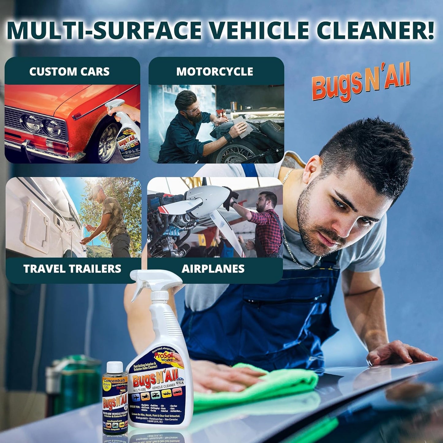 Bugs N’ All Multipurpose Car Cleaner & Degreaser - Bug & Tar Remover Concentrate 4 oz - Exterior Cleaner Safe for Car Paint, Metal, Chrome, Aluminum, Windows & Mirrors - w/Free 32 oz Spray Bottle