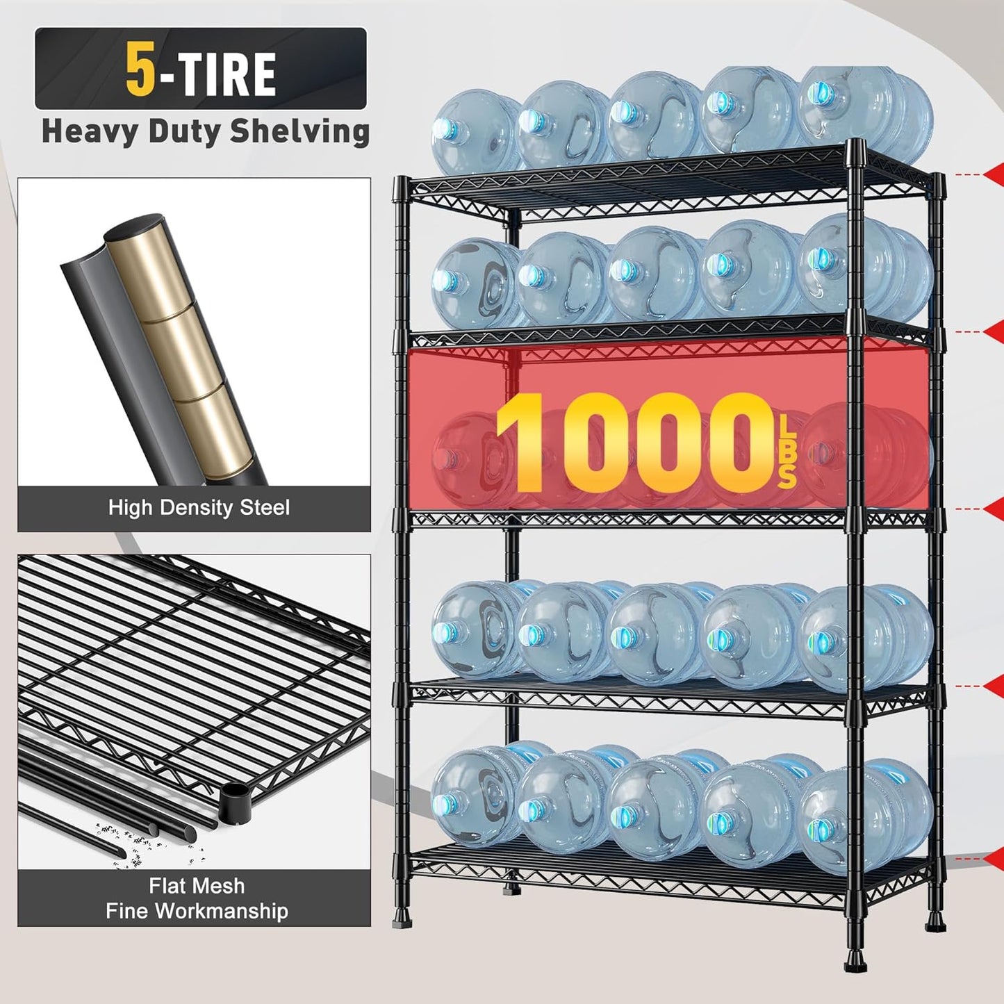 REIBII Storage Shelves, 5-Tire Wire Shelving Load 1000LBS Metal Shelves for Storage Adjustable Garage Shelving Unit Wire Shelf Rack Kitchen Storage Rack Pantry Shelves 31.5''W x 15.7'' D x 71''H