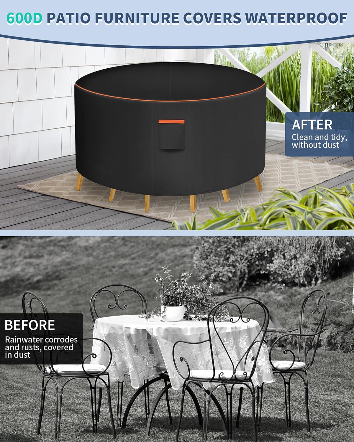 Round Patio Furniture Cover, 48 Inch Diameter Waterproof 600D Heavy Duty Table and Chair Set Protection Black