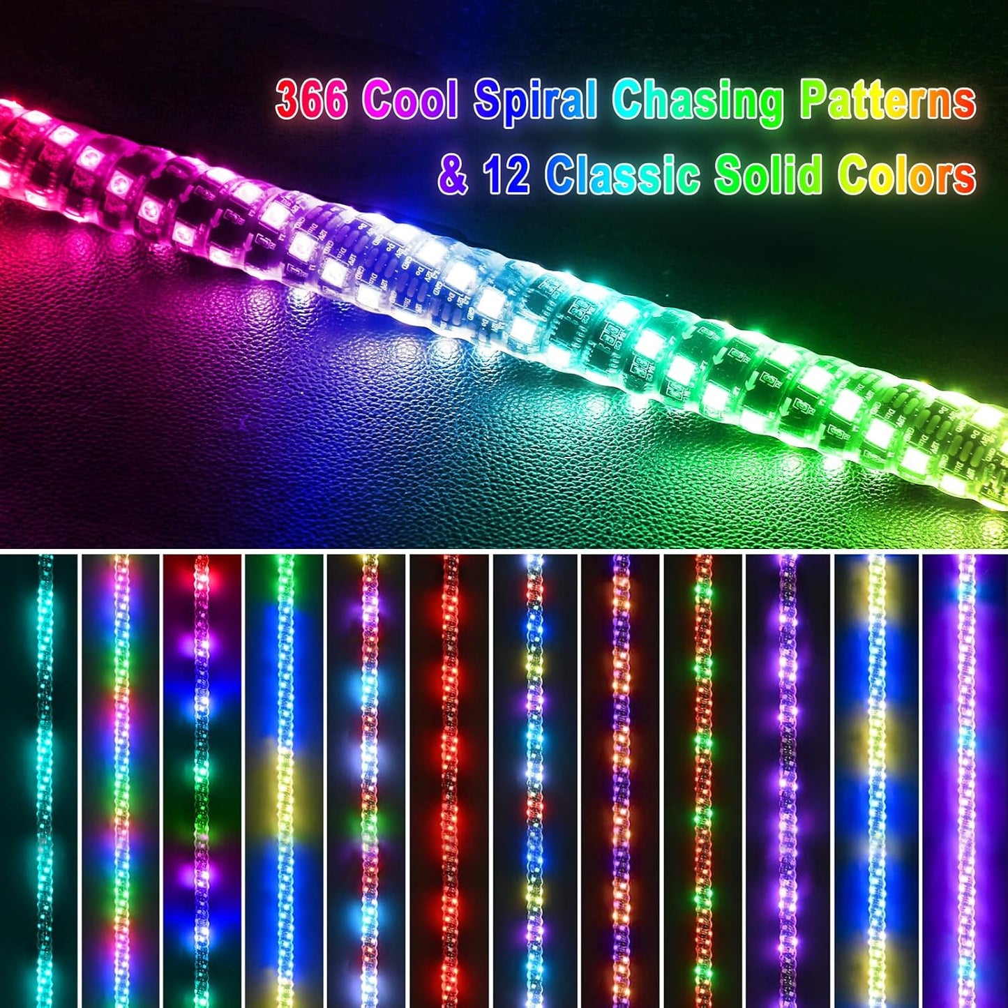 3FT-2 PC Spiral RGB LED Whip Light RGB Chasing/Dancing Light RF Remote Control Lighted Whip Lights for UTV, ATV, Off Road, Truck, Sand, Buggy Dune, RZR