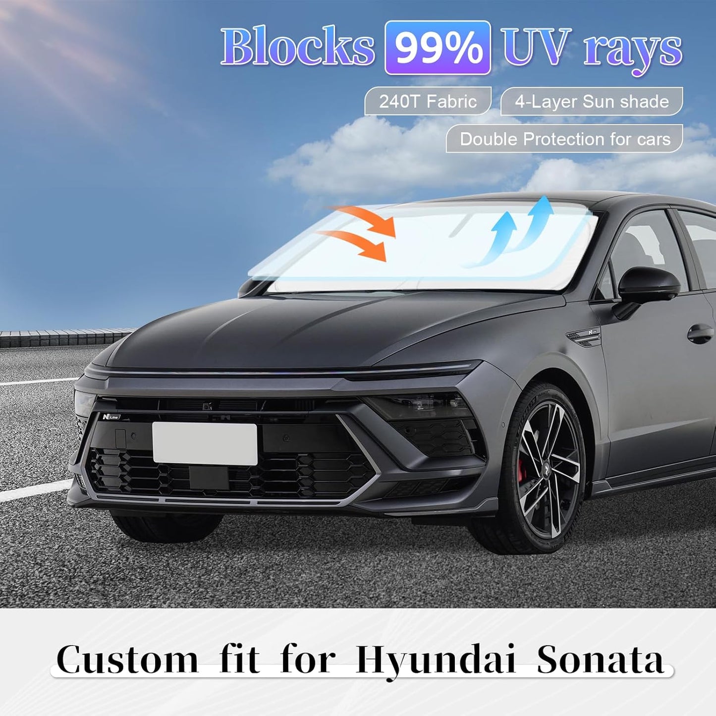 Sun Shade Sunshade for Hyundai Sonata 2020-2025 2026 Windshield Cover, 4-Layer Front Window Shade Custom fit Sun Visor 240T Retractable Shade Blocks UV Rays Cooler Car Accessories