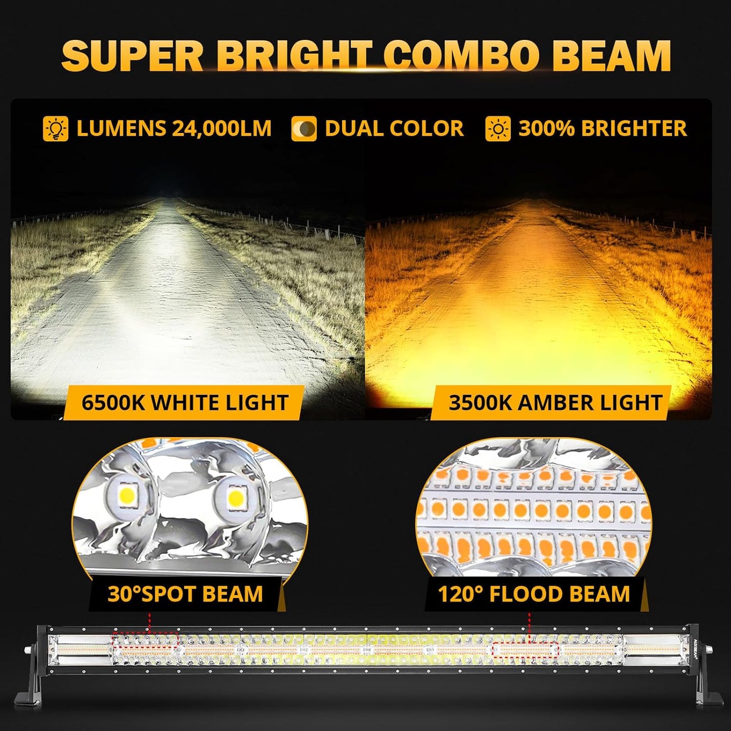 Auxbeam LED Led Light Bar 42 Inch 240W Straight Spot Flood Combo Led Off Road Lights, Amber White Strobe Offroad Fog Light Memory Function Yellow Driving Work Lights for Truck with DT Wiring Hardness