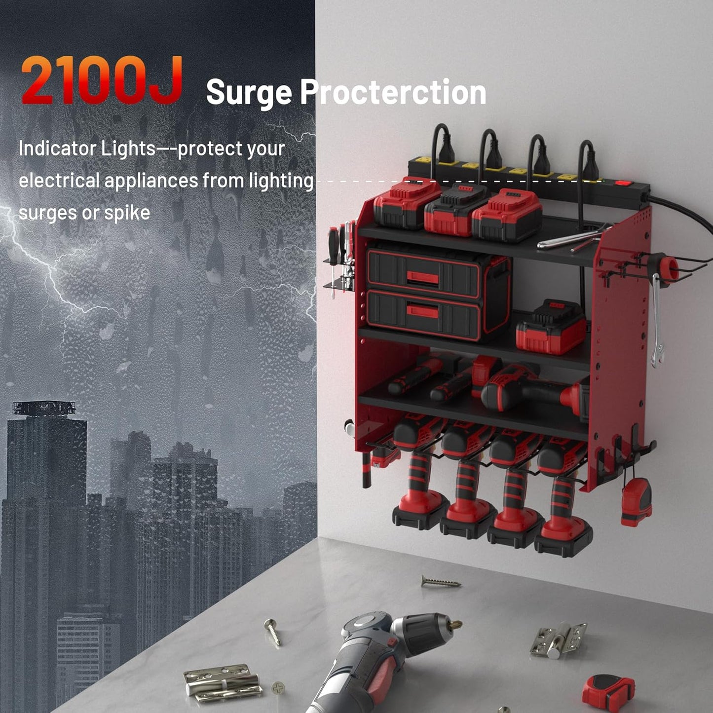 Power Tool Organizer Wall Mount with Charging Station - Heavy-Duty Cordless Drill Holder,Adjustable Tool Storage Rack for Garage,Workshop,Wall-Mounted Tool Organizer Gifts for Fathers Day