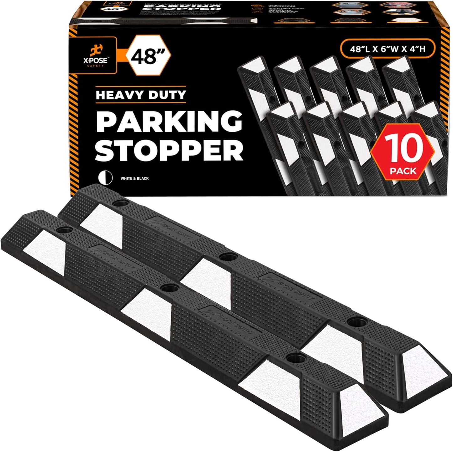 Xpose Safety 48" Heavy Duty Rubber Parking Stopper – 10 Pack Wheel Blocks for Garage, Driveway, or Ramp – Car Bumper Stop with White Reflective Strips – Removable Floor Mount