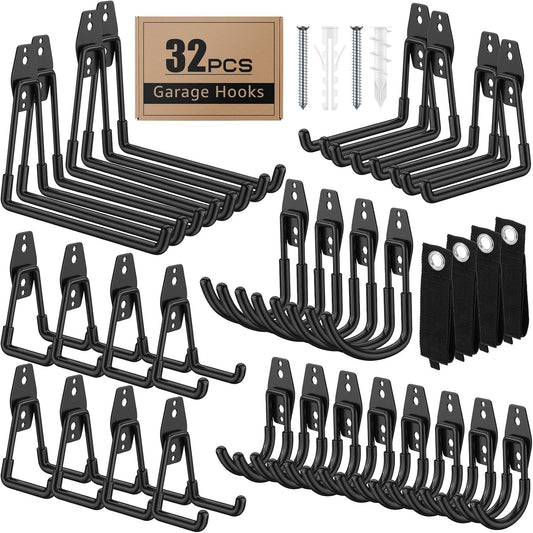 32 Pack Garage Hooks with Anti-Slip Coating Heavy Duty Wall Mount Hooks for Garage Storage and Hanging Hoses Bike Garden Tools Ropes etc