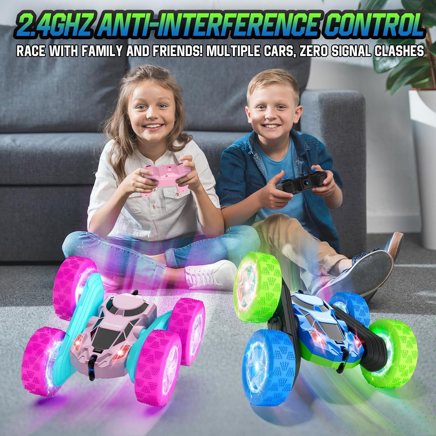 Remote Control Car for Kids RC Stunt Cars with Cool Wheel Lights 360° Rotating Boys Toys for Ages 6 7 8 9 10-12 Kids Gift Ideal(Blue&Green)