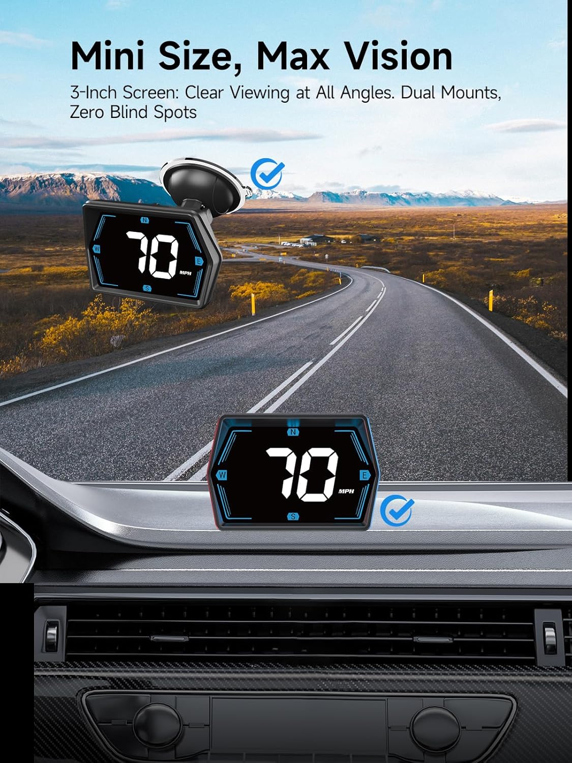 Moman Car HUD Digital Speedometer for Car Head Up Display KM/H MPH Compass Direction USB Cable Plug & Play Over Speed Alert for All Vehicle