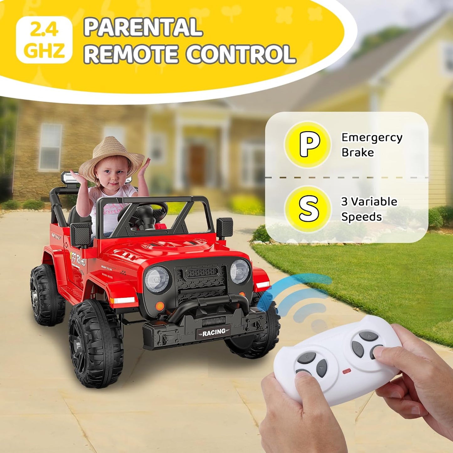 12V Ride On Truck Car with Remote Control, Kids Electric Vehicles with Bluetooth Music, Horn, 3 Speeds, 4 LED Lights, Soft Start, Ride-on Toy for Toddler Boys & Girls (Red)