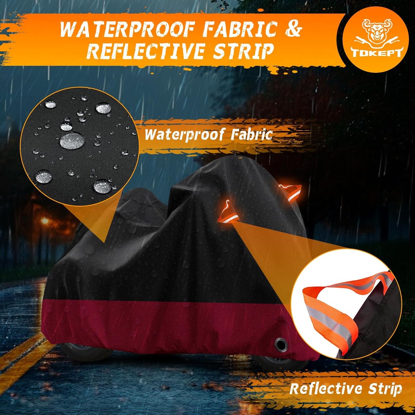 Trike Motorcycle Cover, Outdoor Waterproof Vehicle Cover with Windproof Buckle Reflective Strip for Harley Davidson, Honda Gold Wing, Kawasaki 3 Wheel Motorcycle Accessories (Black&Red)