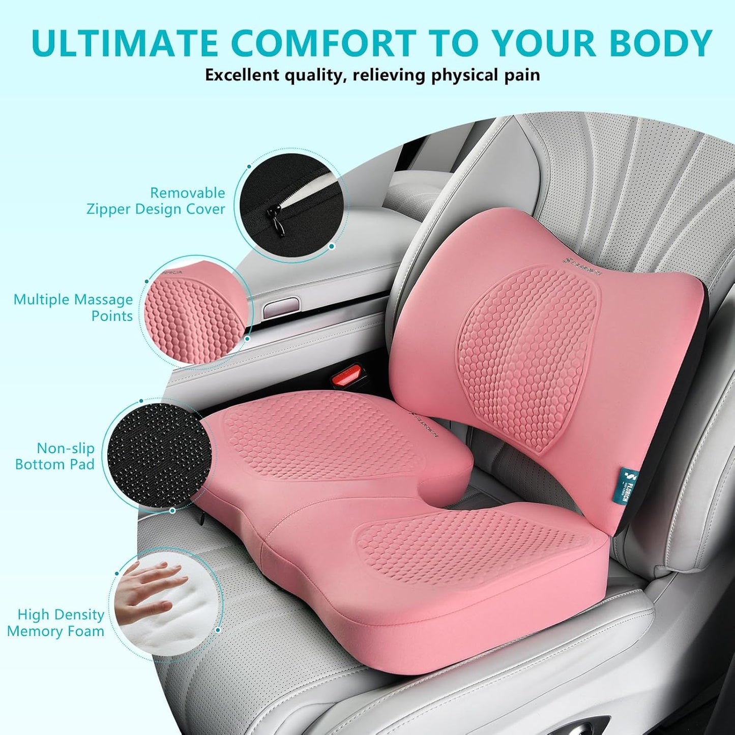 FLORICH Car Seat Cushion and Back Support for Office Chair Memory Foam Chair Cushions Pressure Relief Seat Pads with Gel Massage Point Lumbar Support (Pink)